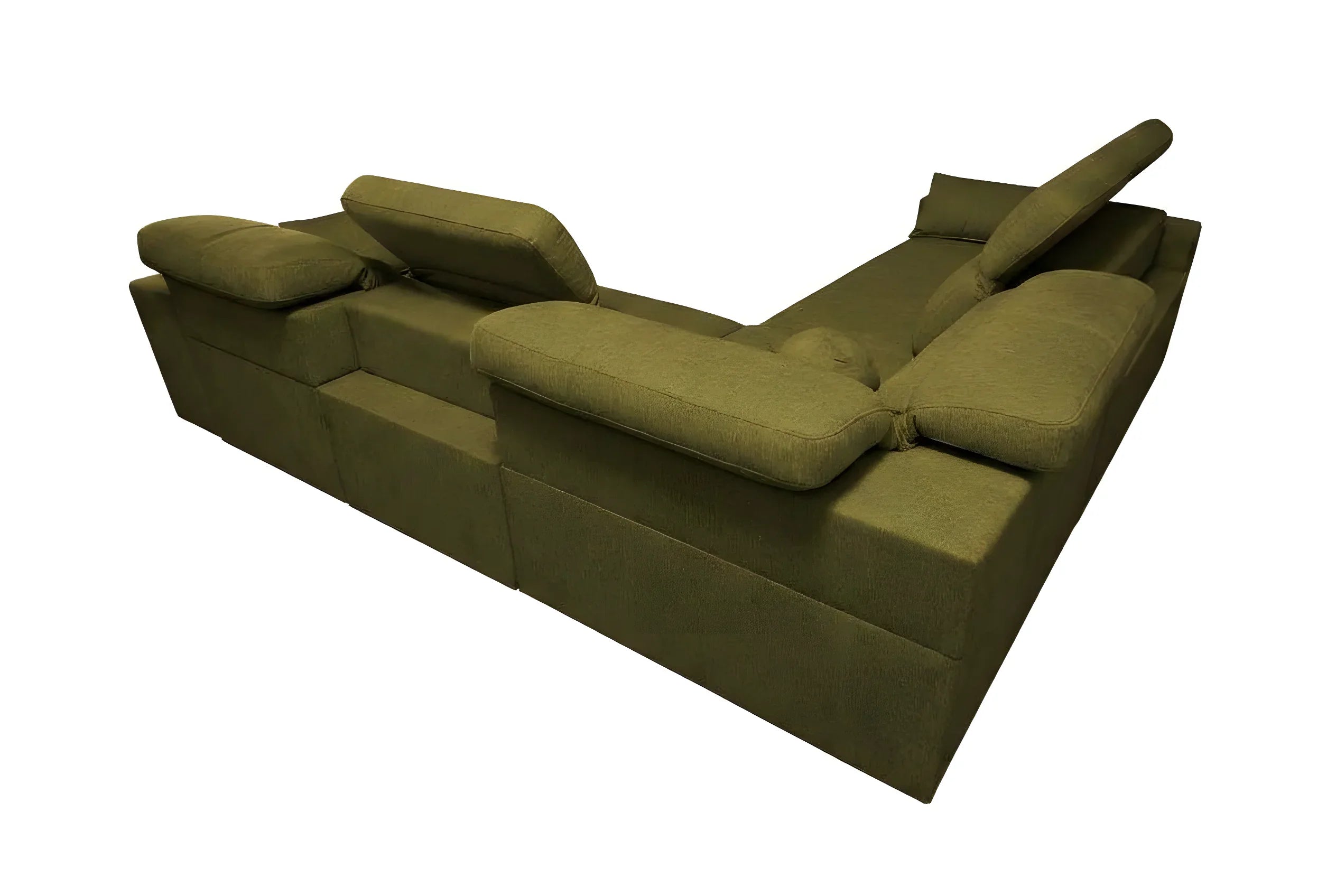 Canapé d'angle vert en tissu, forme contemporaine, avec têtières ajustables, idéal salon confortable