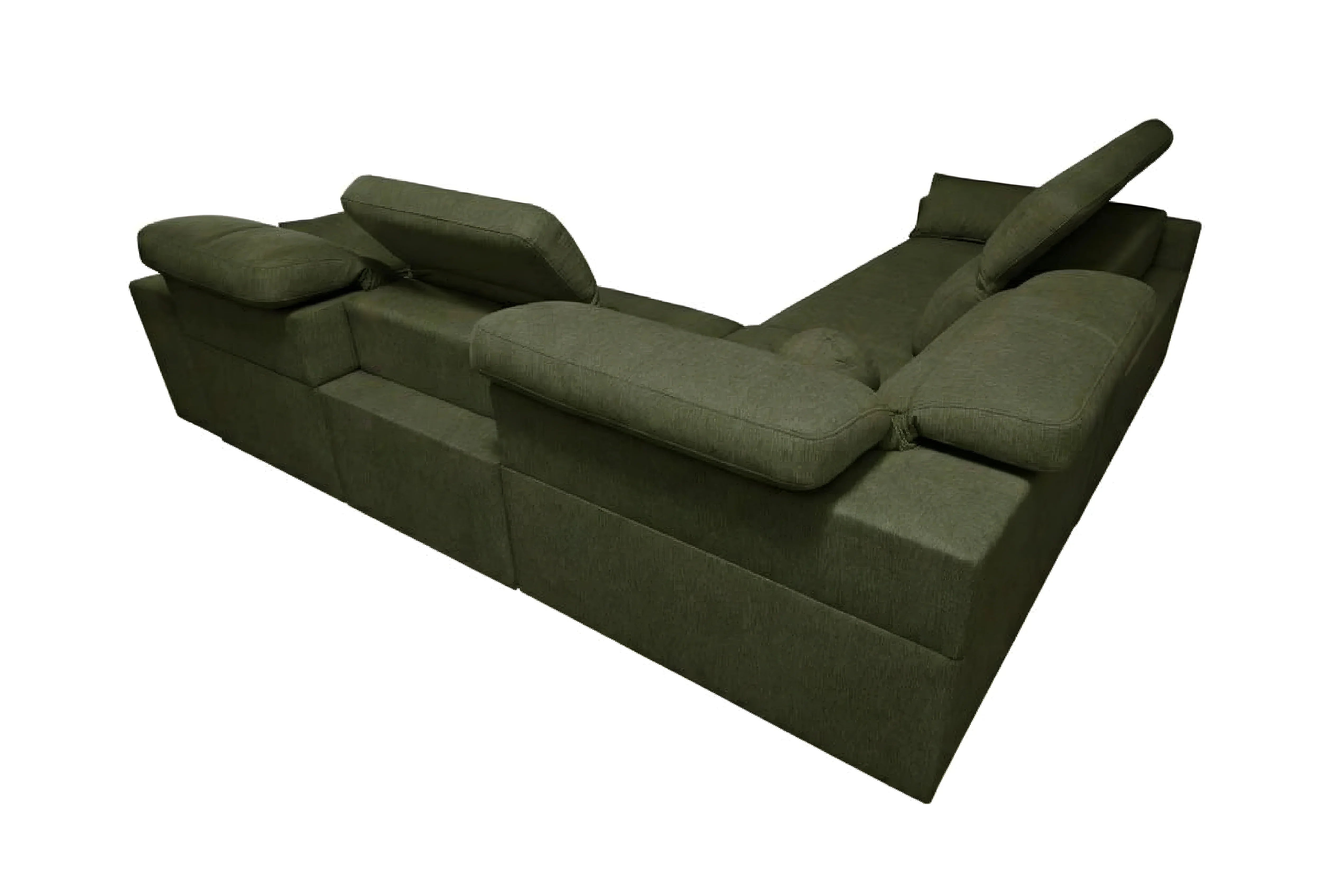 Canapé d'angle vert olive en tissu avec coussins réglables. Parfait pour un salon contemporain et confortable.