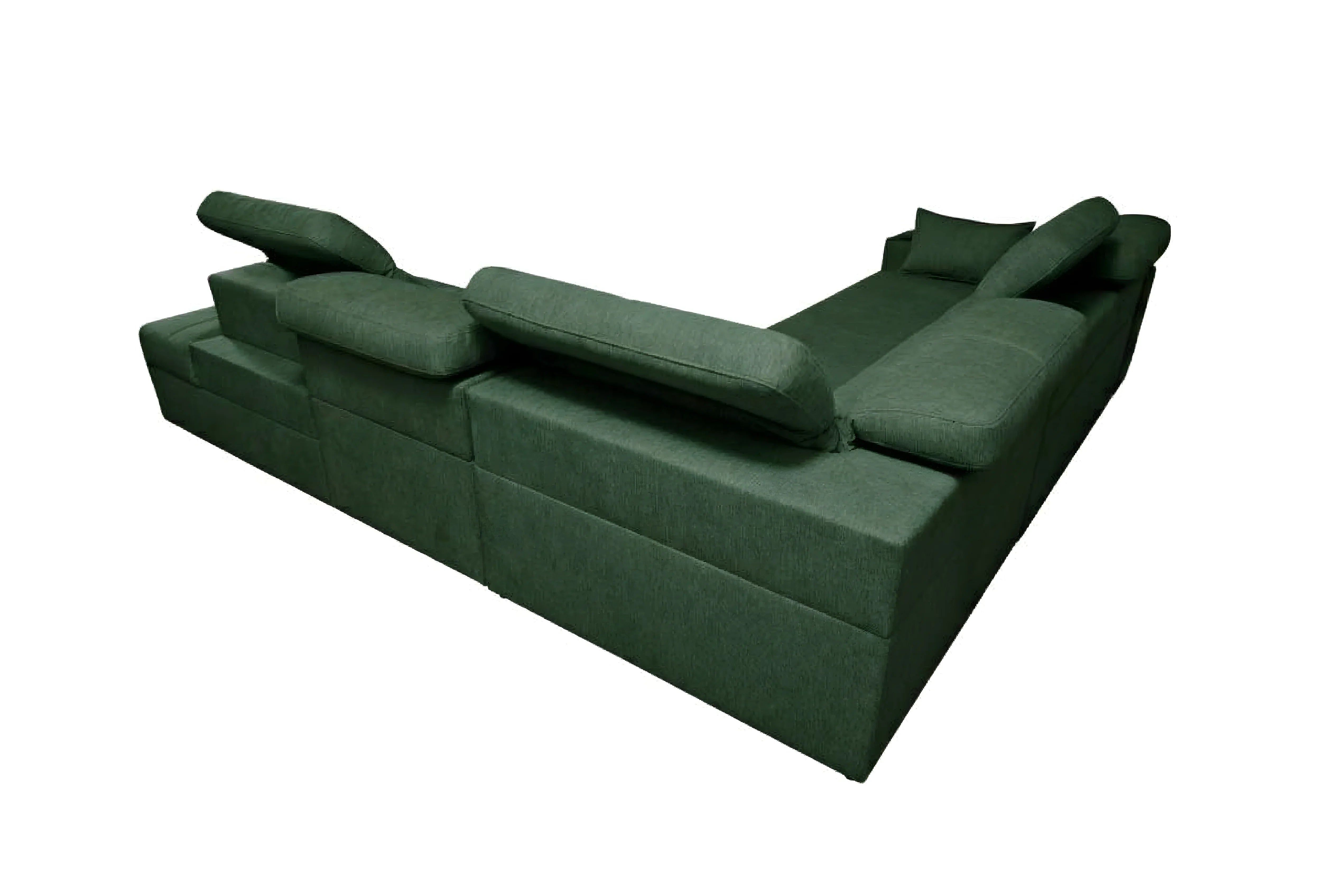 Canapé d'angle vert en tissu, design moderne et modulable idéal pour le salon, avec coussins