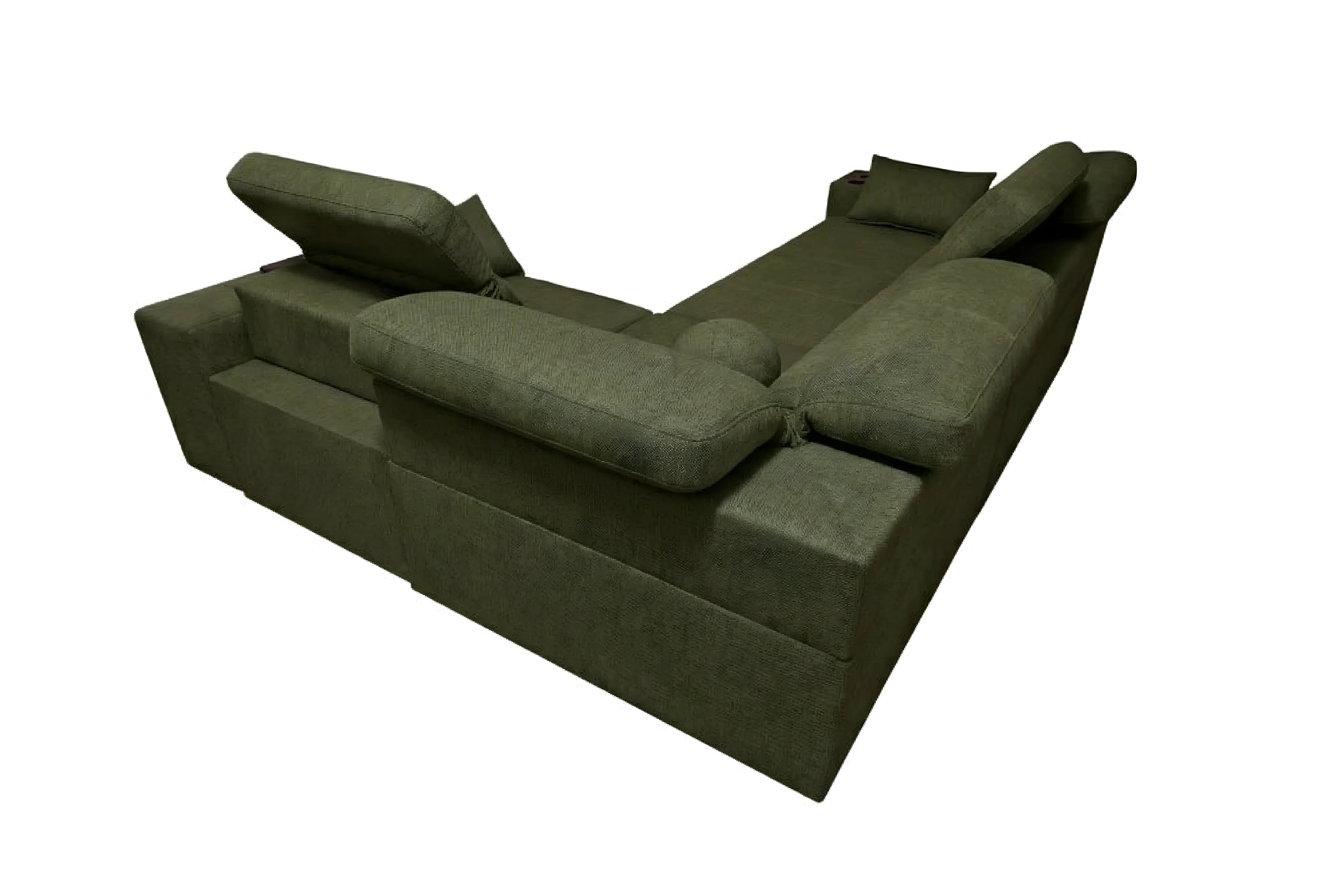 Canapé d'angle vert foncé en tissu bouclé, design moderne, idéal salon. Grand canapé confortable pour se détendre.