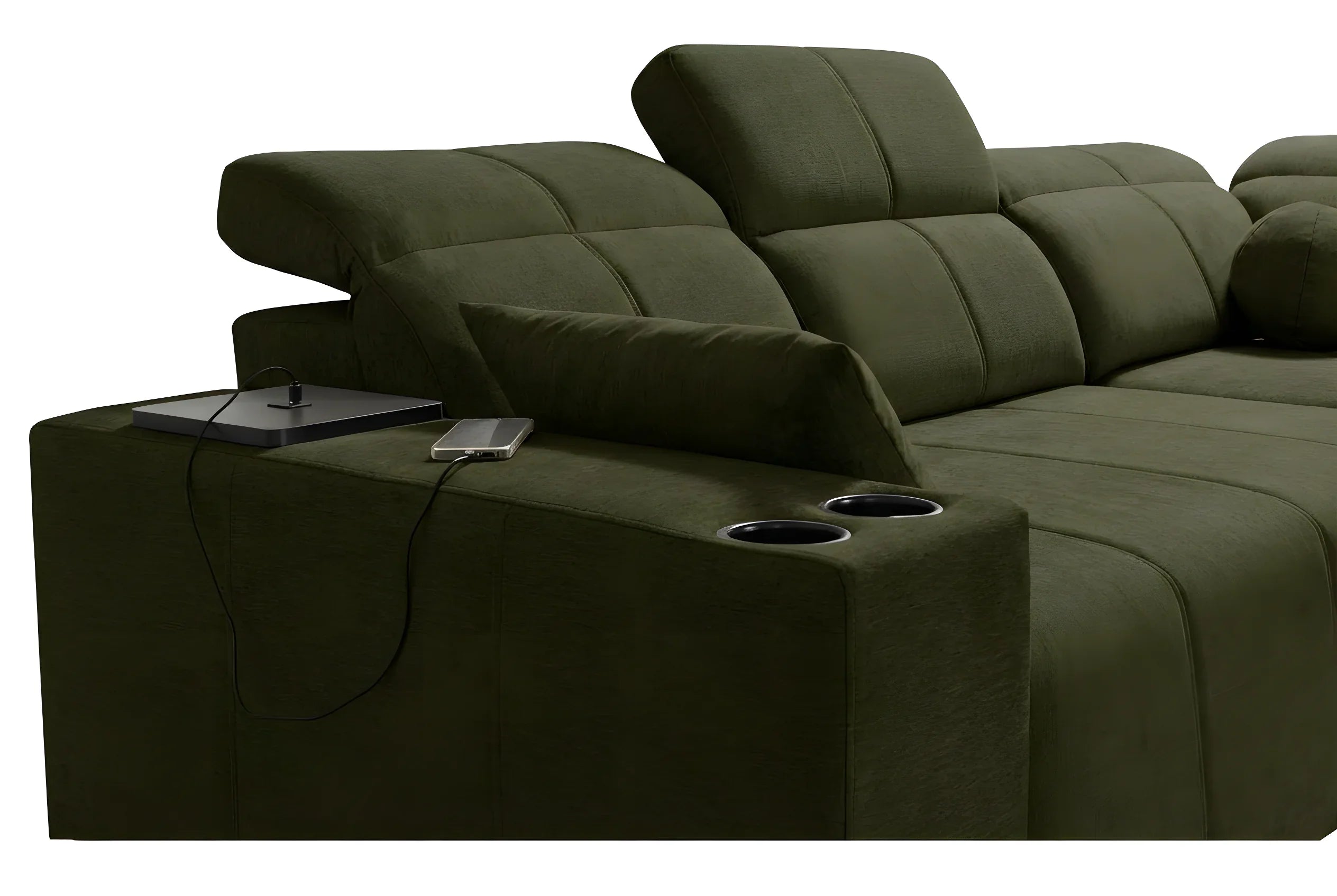 Canapé d'angle vert en velours avec deux porte-gobelets intégrés, chargeur de téléphone, et appui-têtes réglables, pour salon moderne