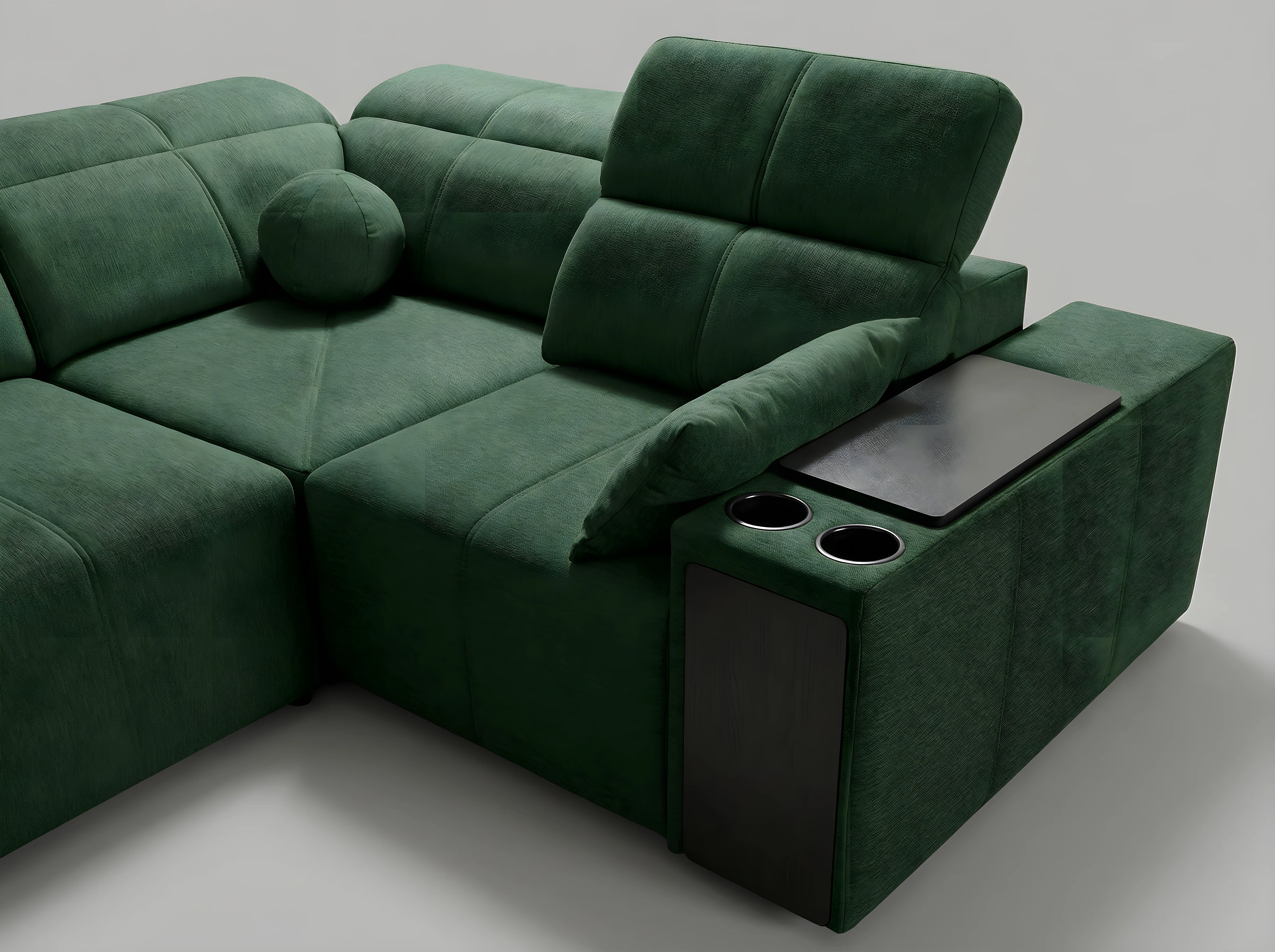 Canapé d'angle vert en velours, design contemporain, coussin rond et accoudoirs avec porte-gobelets, pour salon