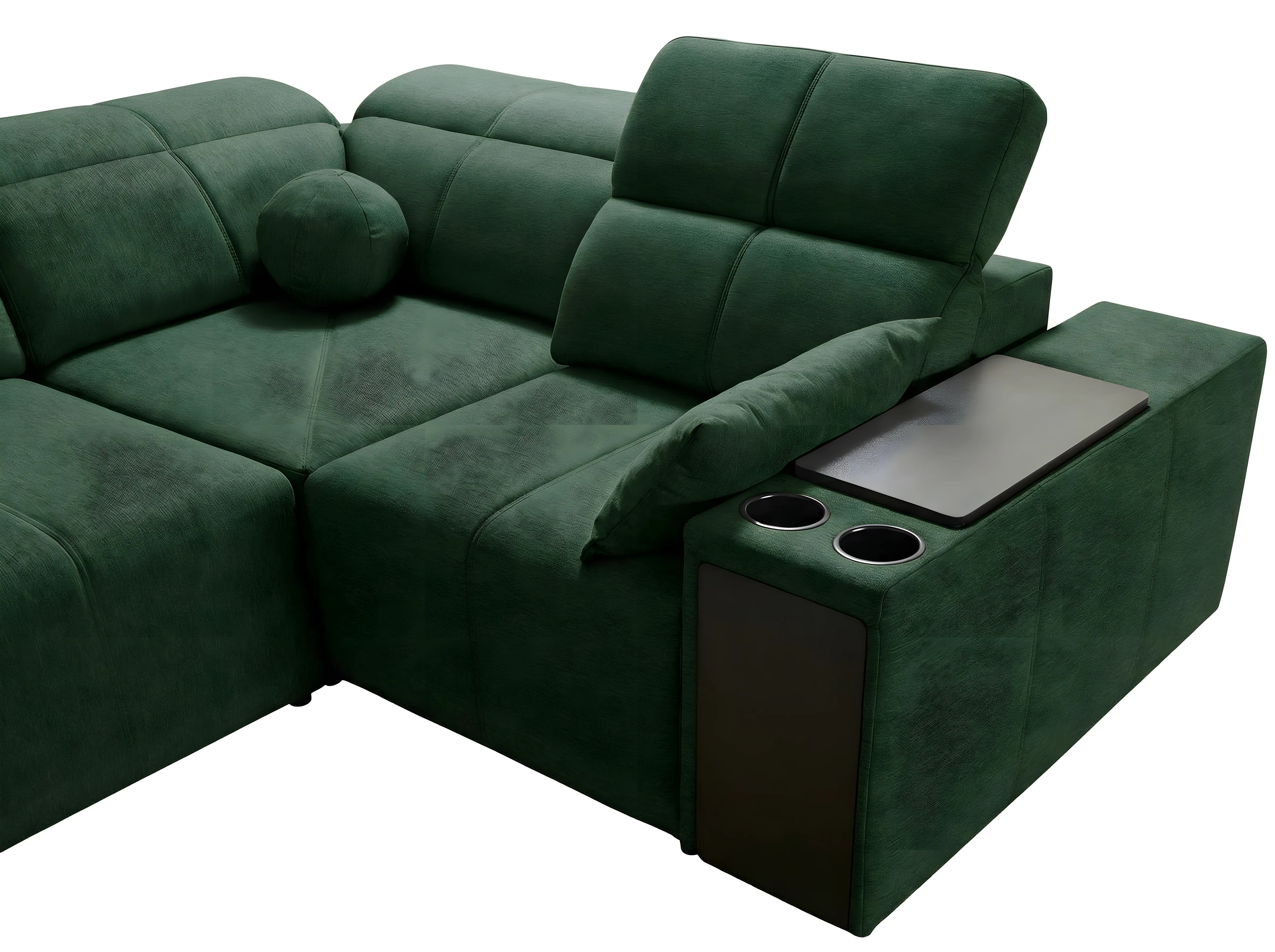 Canapé d'angle en velours vert émeraude, design moderne avec coussins et table d'appoint intégrée pour salon