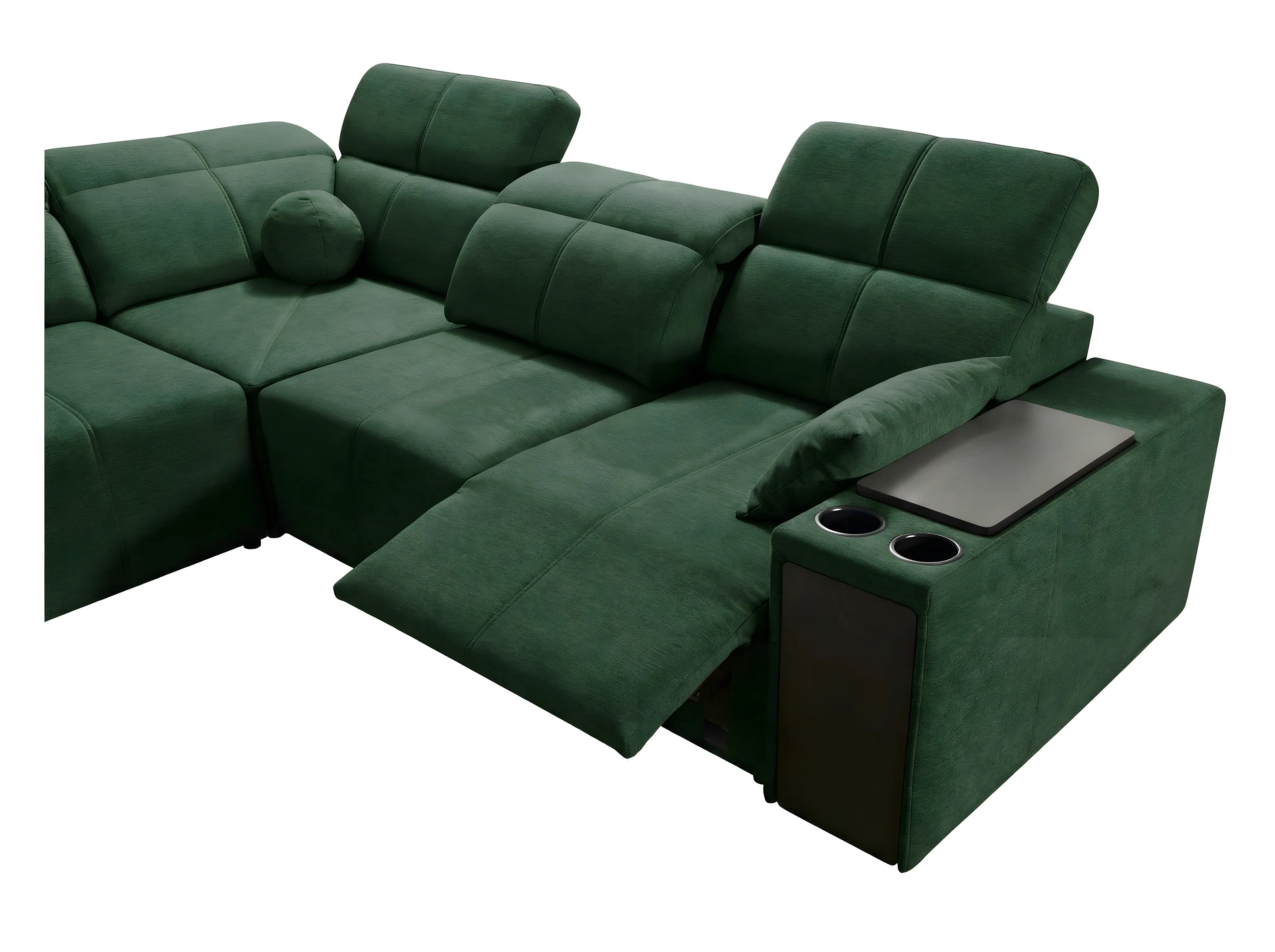 Canapé d'angle vert en velours avec accoudoirs, repose-tête inclinable, tablettes et porte-gobelets, pour salon moderne