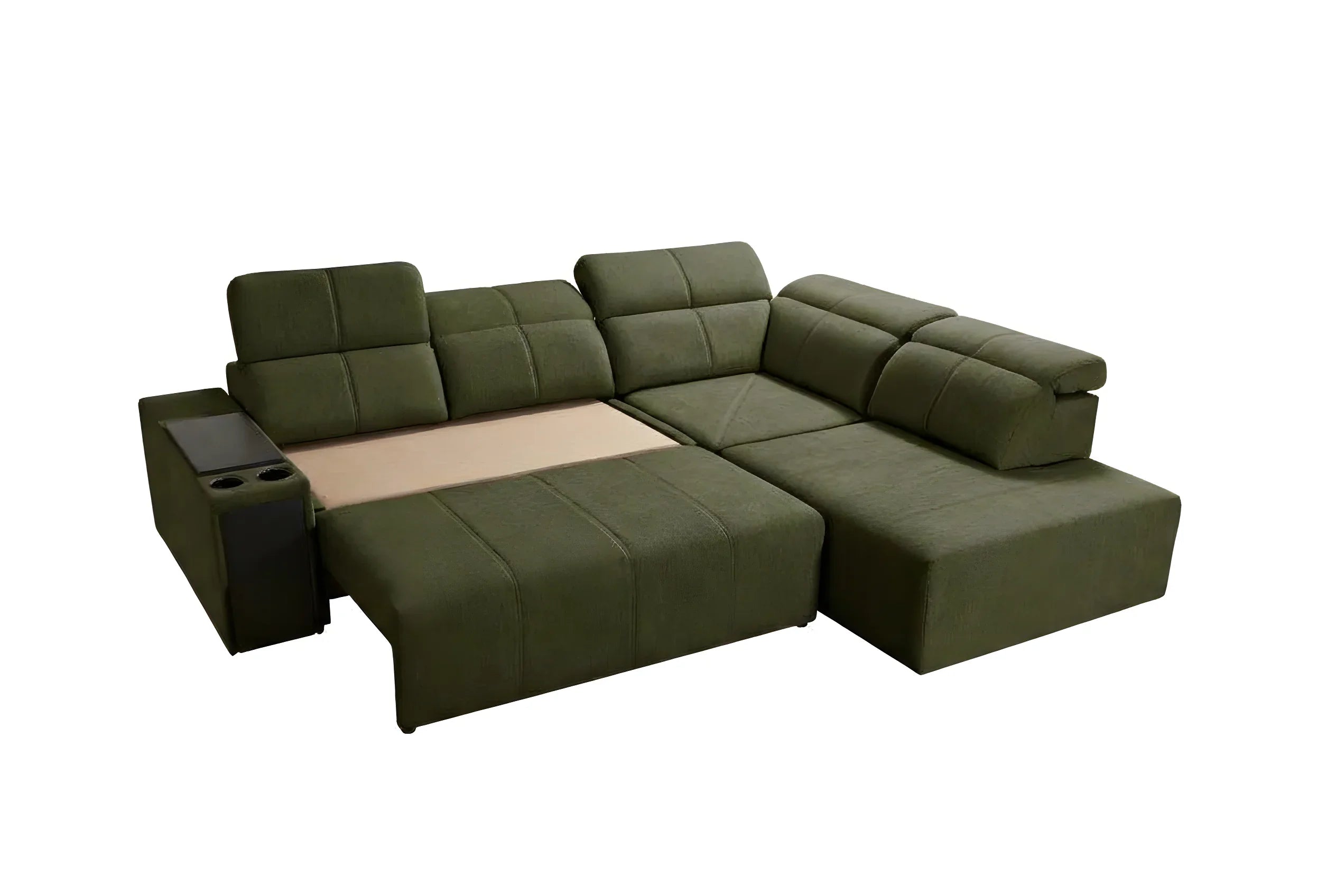 Canapé d'angle vert en tissu avec accoudoir, design moderne pour salon