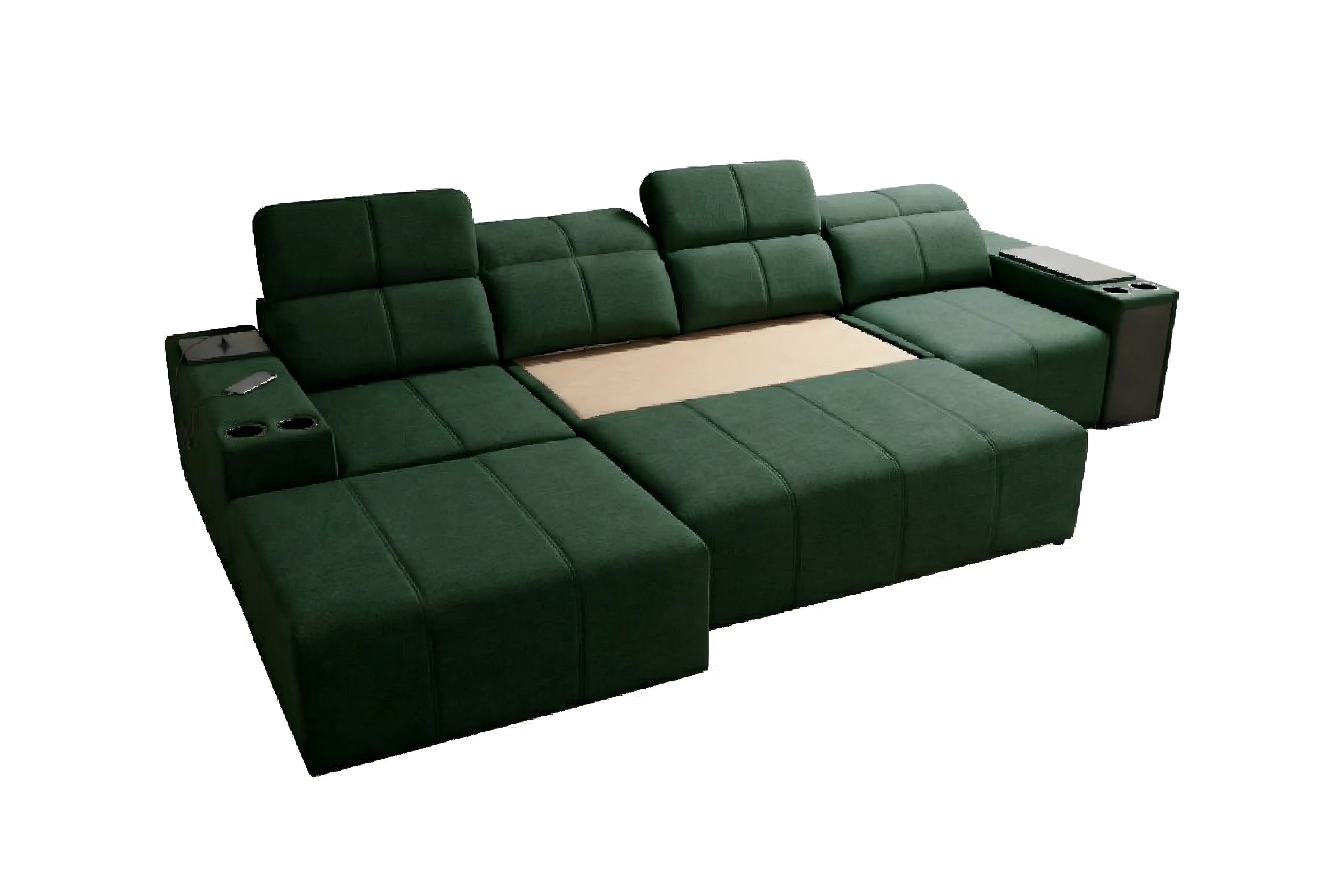 Canapé d'angle vert en tissu, design contemporain avec accoudoirs, porte-gobelets et télécommande, pour salon moderne