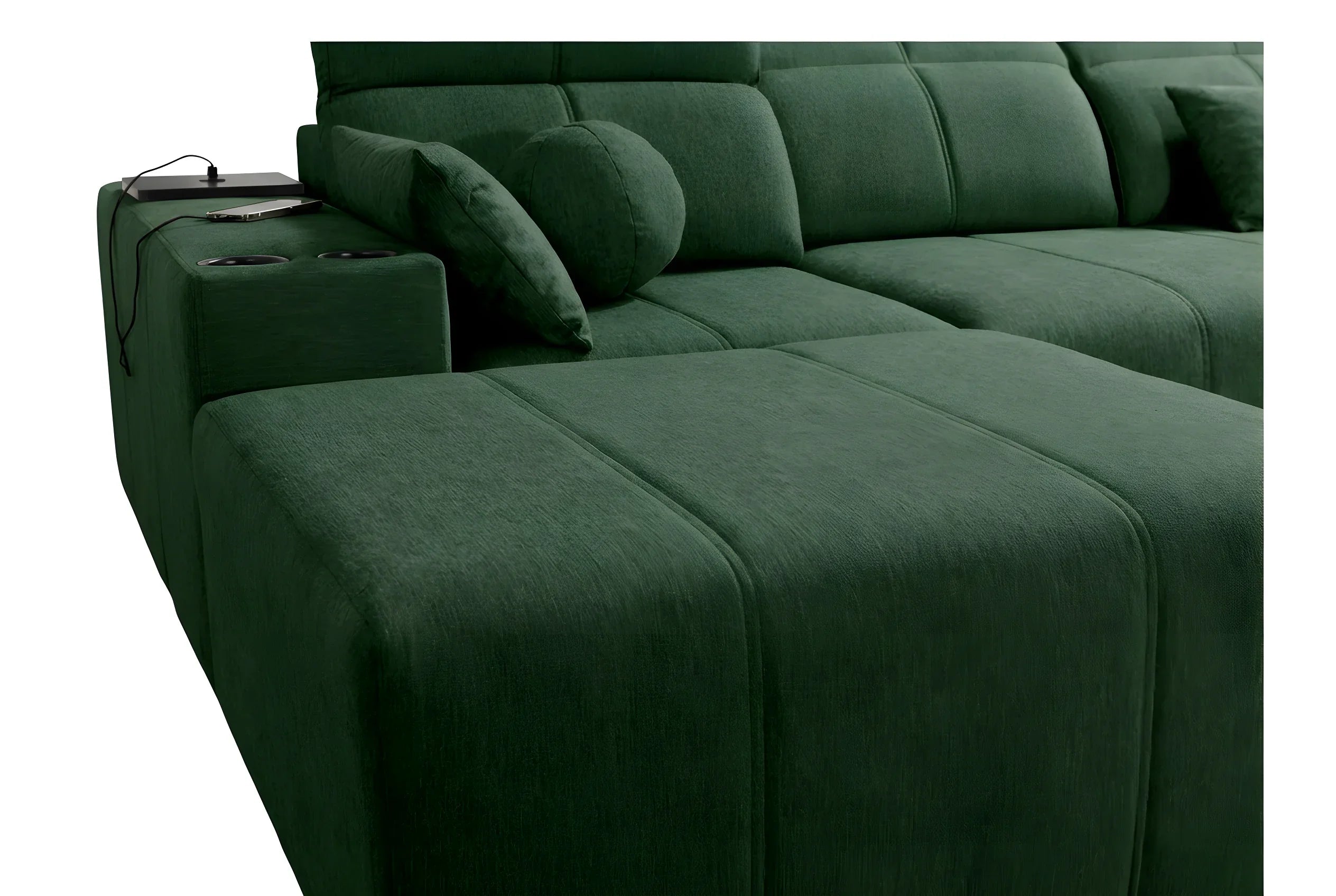 Canapé d'angle vert en tissu texturé avec coussins, design contemporain et ports USB intégrés, pour salon