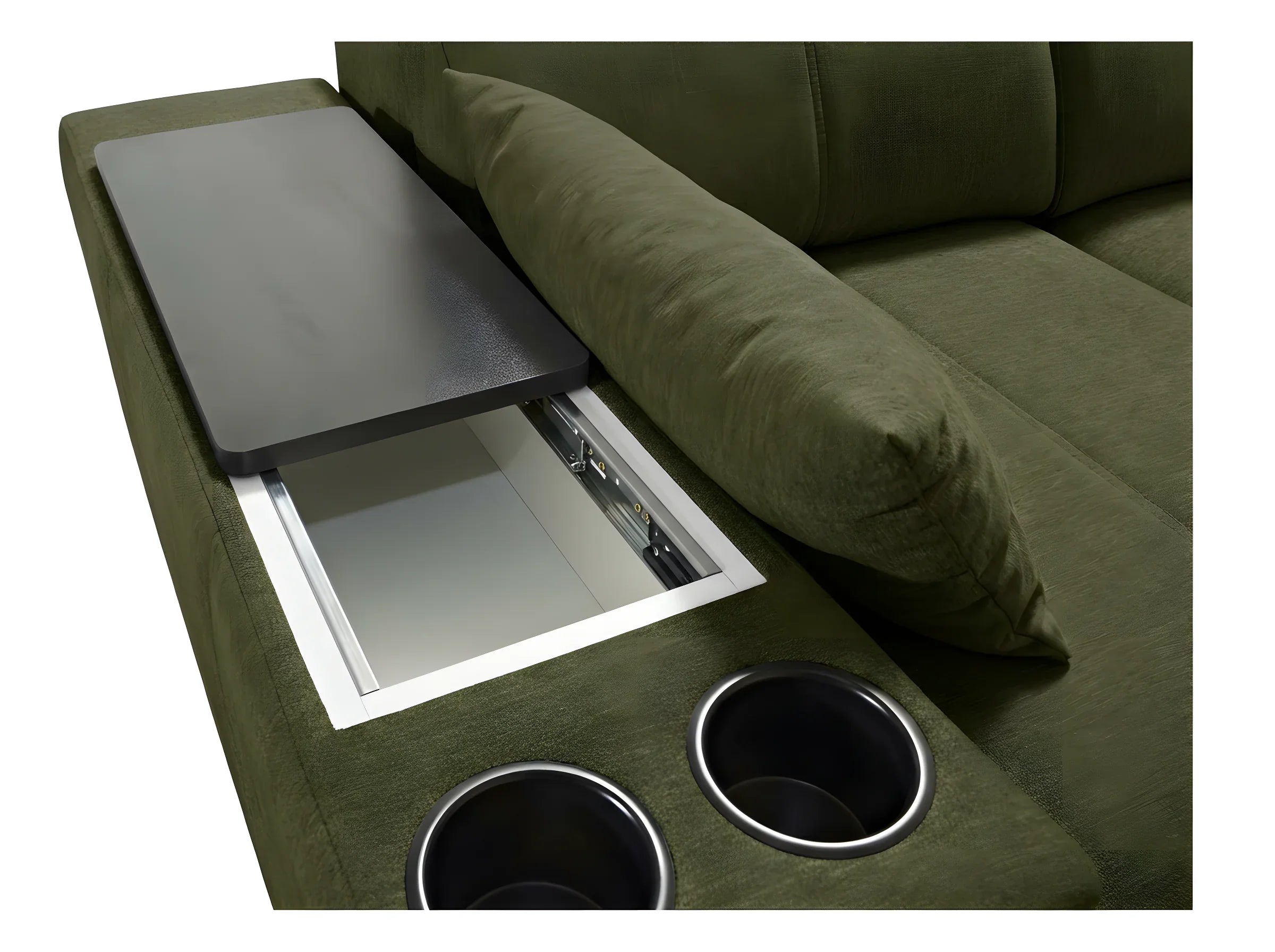 Canapé d'angle vert olive en tissu avec table rabattable, deux porte-gobelets encastrés et coussin moelleux.