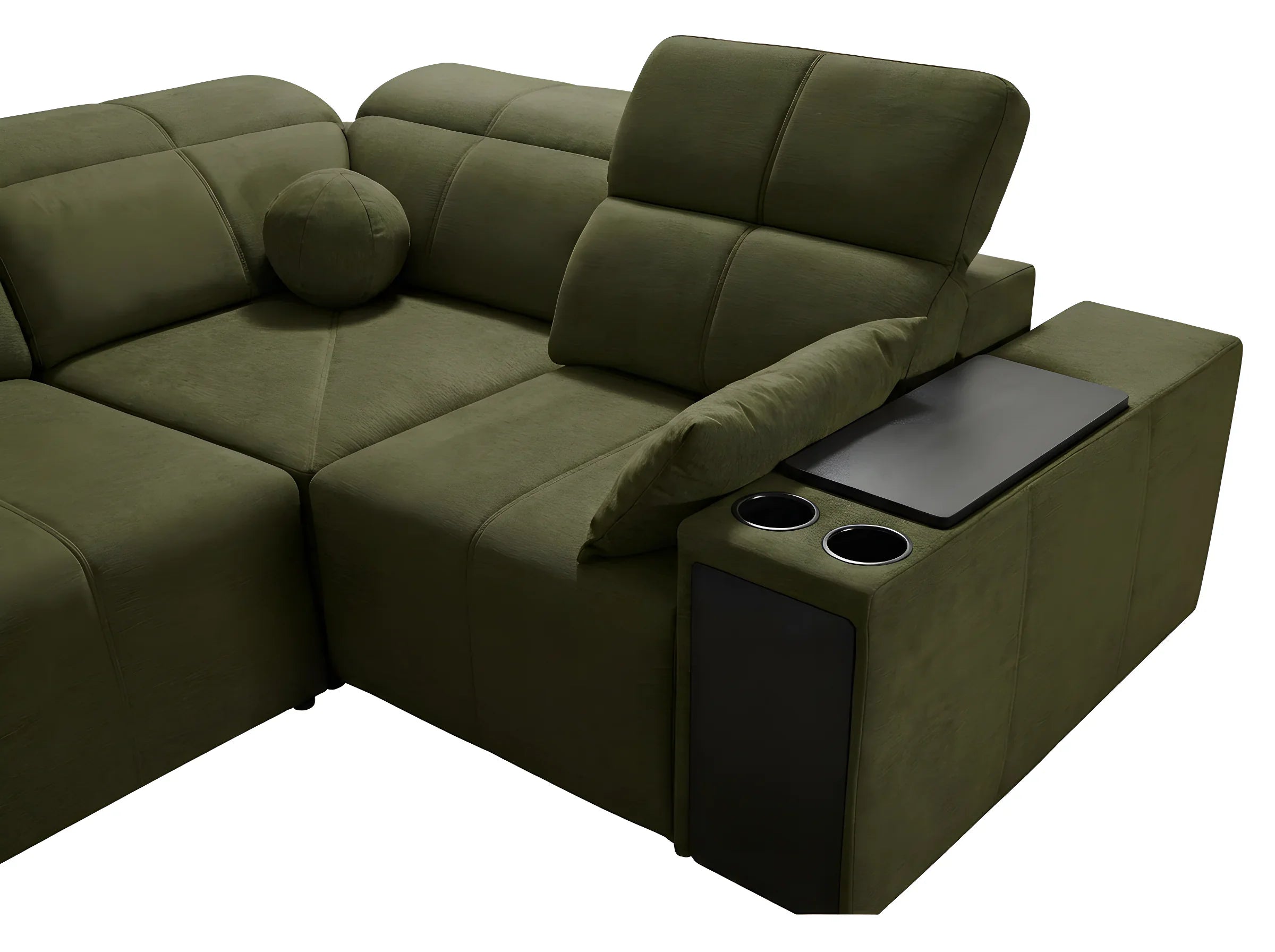Image d'un canapé d'angle vert olive en tissu avec dossier réglable et tablettes, dans un salon moderne