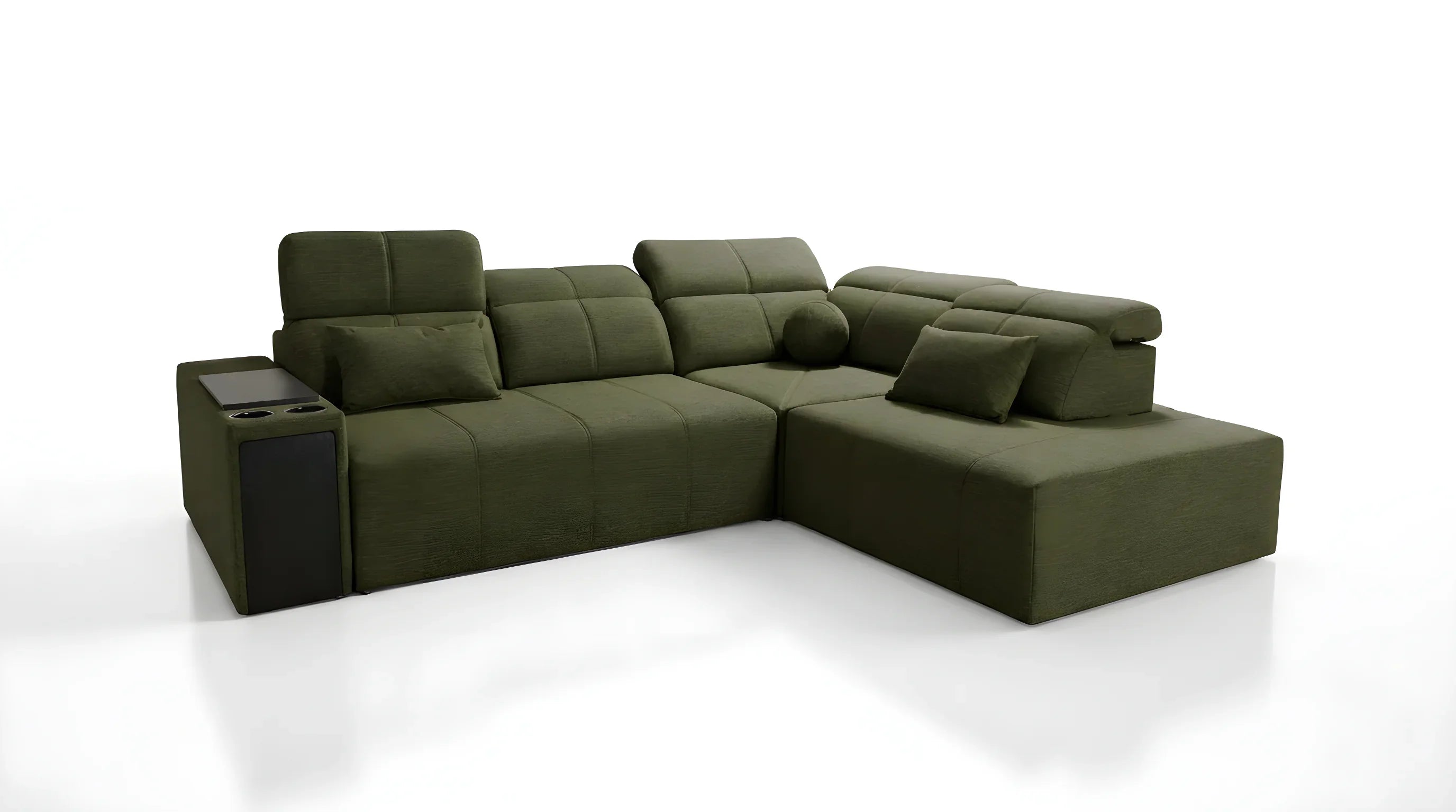 Canapé d'angle vert olive en tissu avec accoudoir et table intégrée, design moderne pour salon