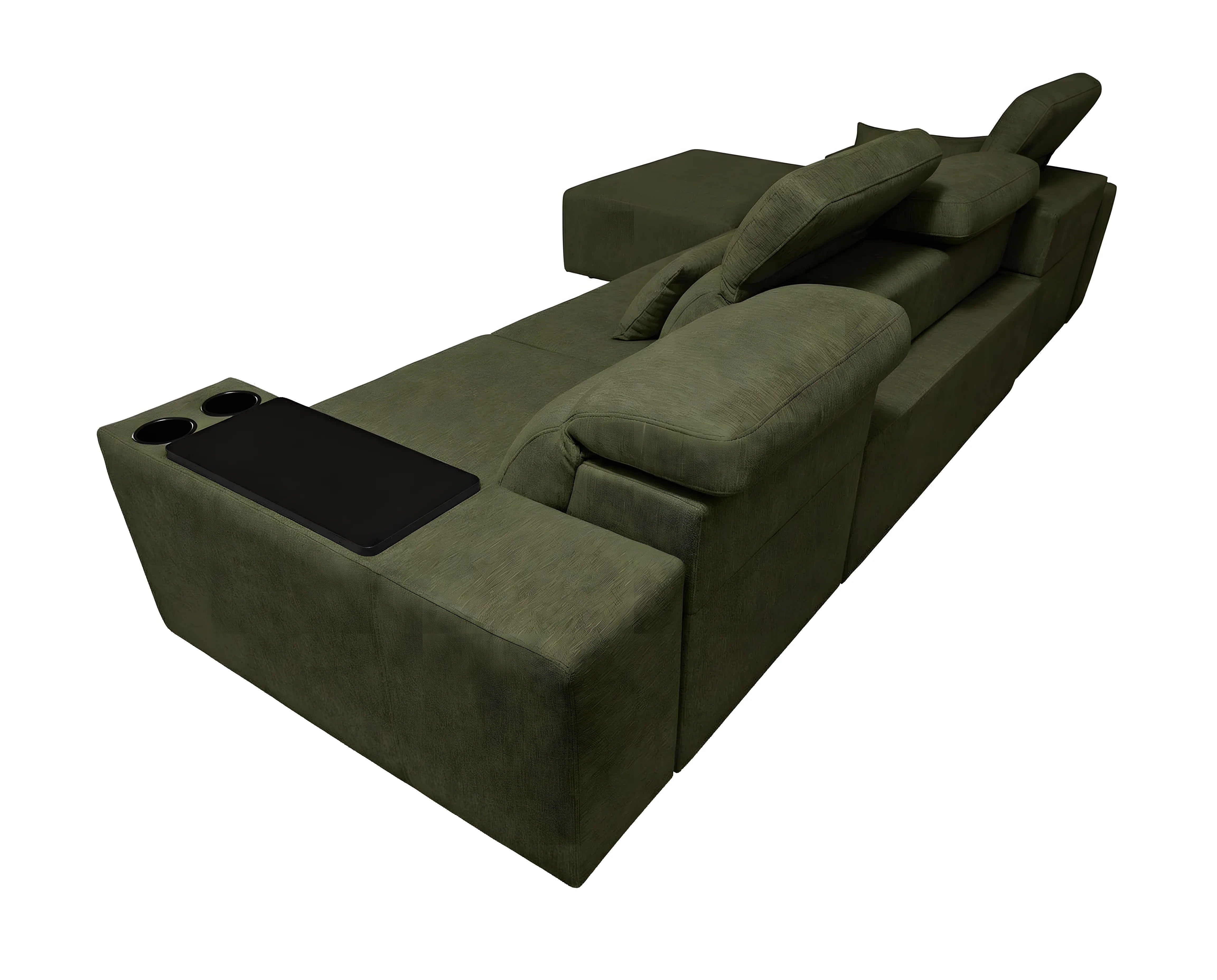 Canapé d'angle vert olive en tissu avec accoudoir, tablette noire, porte-gobelets, design moderne, vue en angle