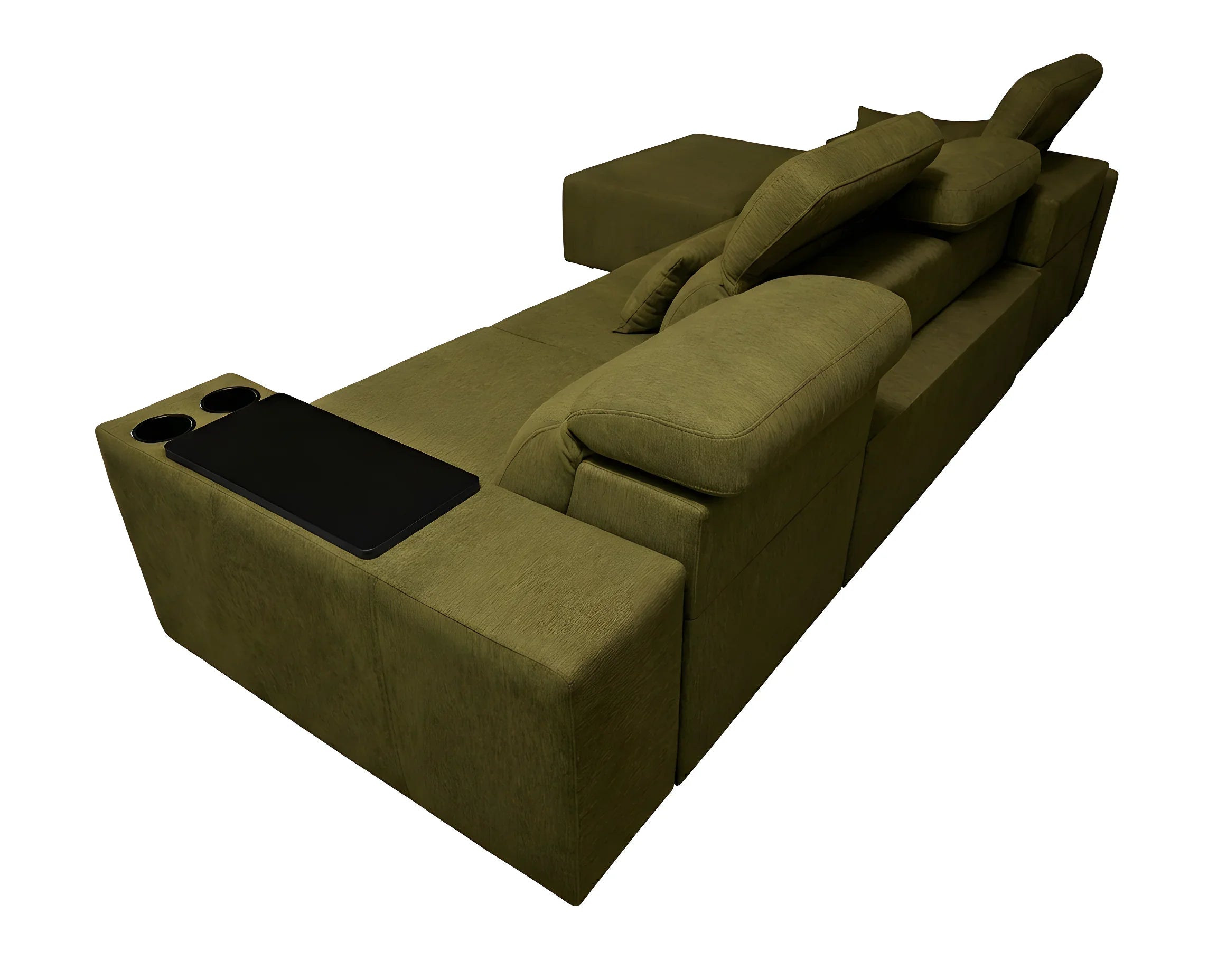 Canapé d'angle vert olive en tissu, design moderne avec coussins et tablette intégrée, vue de haut sur fond blanc.