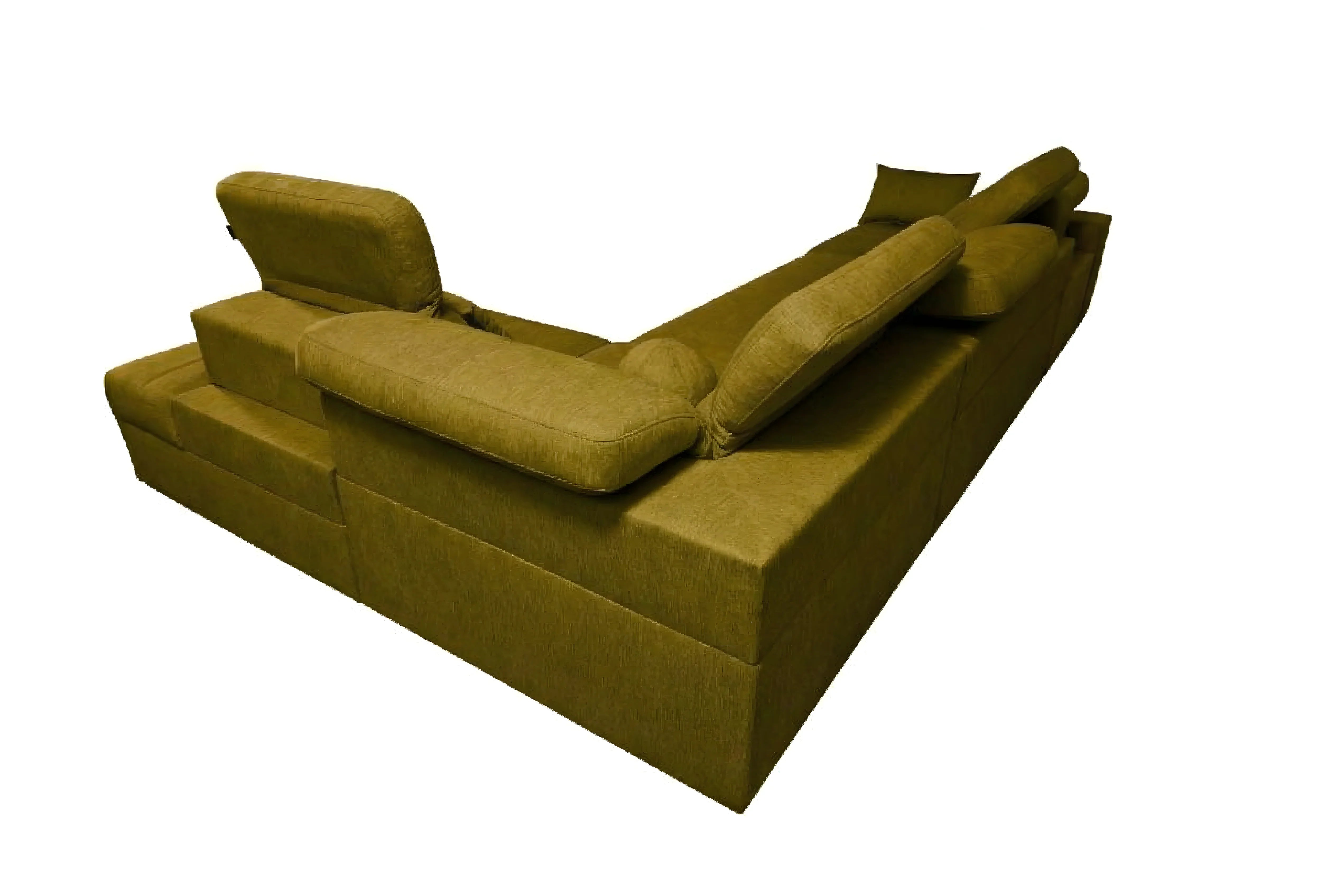 Canapé d'angle vert olive en tissu, design moderne pour salon, confortable et spacieux, vue latérale, blanc en fond