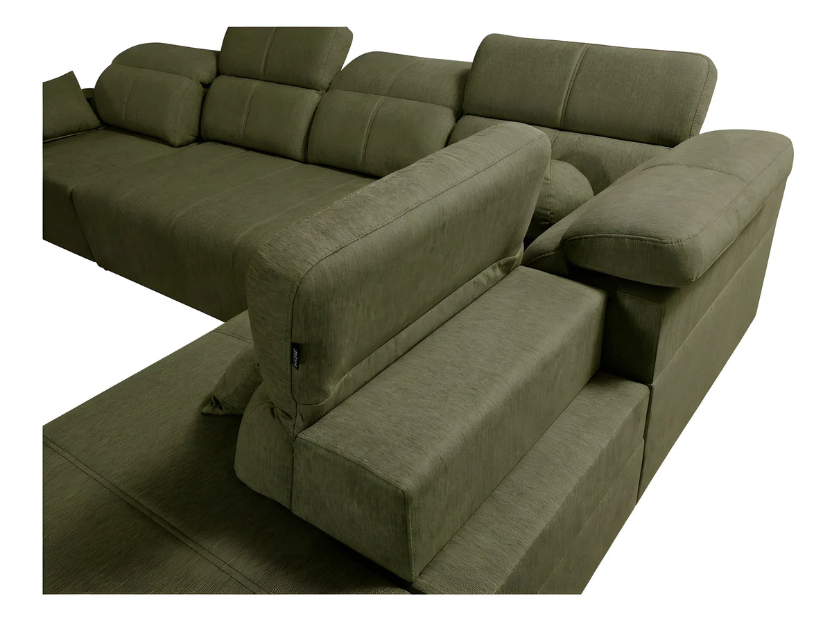 Canapé d'angle vert olive en tissu, design contemporain, confortable pour salon, avec accoudoirs et coussins moelleux