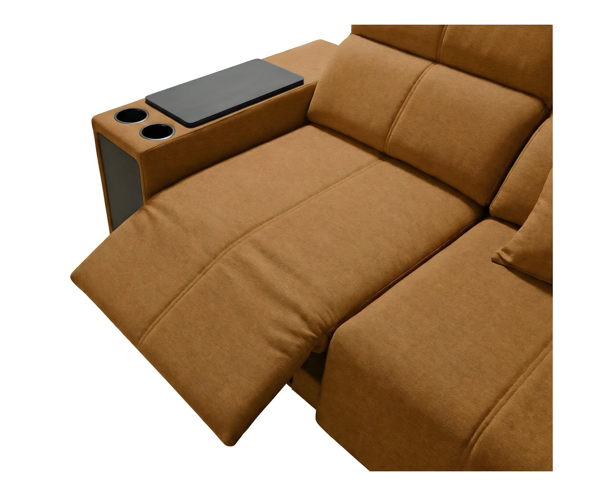 Canapé inclinable marron en tissu avec accoudoirs, porte-gobelets noirs pour salon moderne