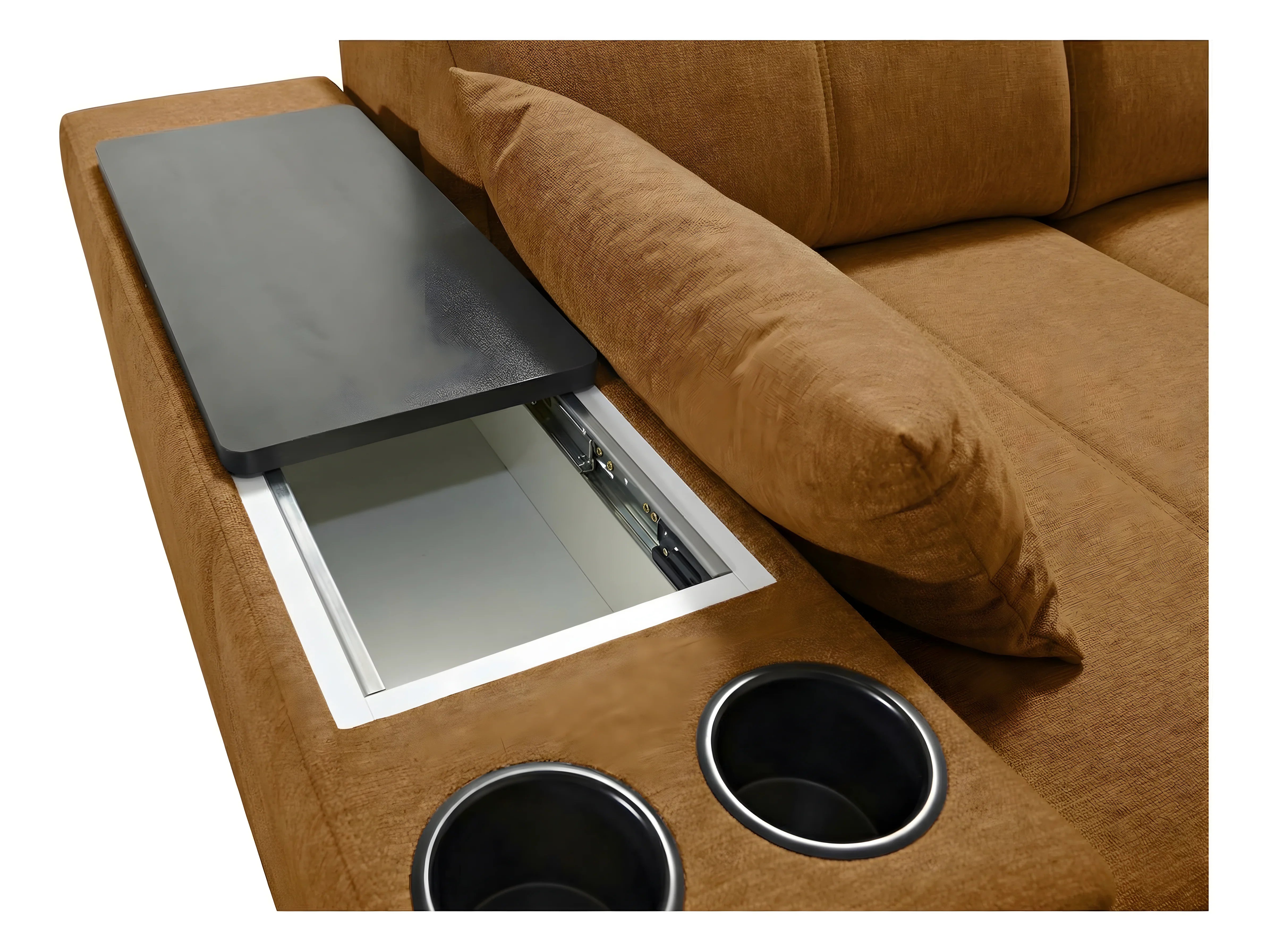 Canapé marron en tissu aspect lin avec accoudoir design, espace de rangement et porte-gobelets