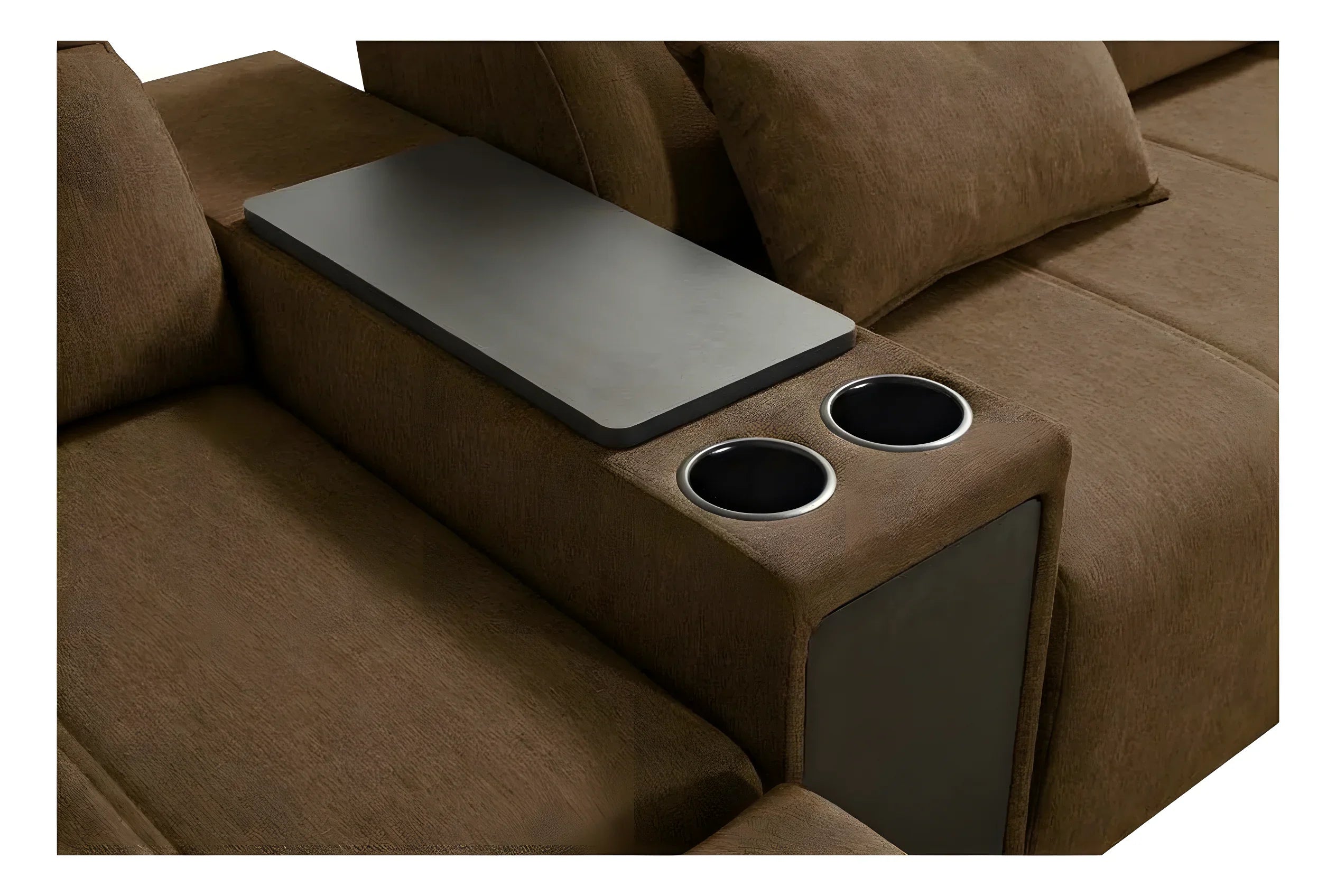 Canapé marron en tissu avec une table intégrée, deux porte-gobelets, design moderne pour salon
