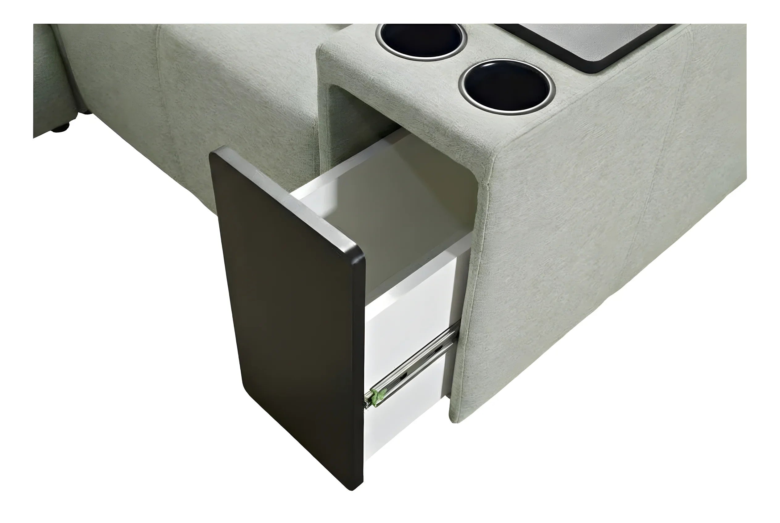Canapé modulable gris clair en tissu avec accoudoir, tiroir intégré, deux porte-gobelets, pour salon moderne