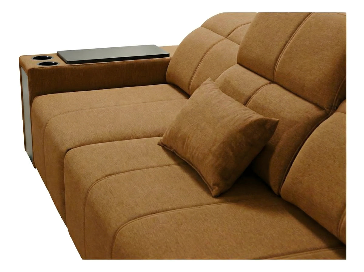 Canapé d'angle marron en tissu doux avec coussin, assise capitonnée, idéal salon moderne