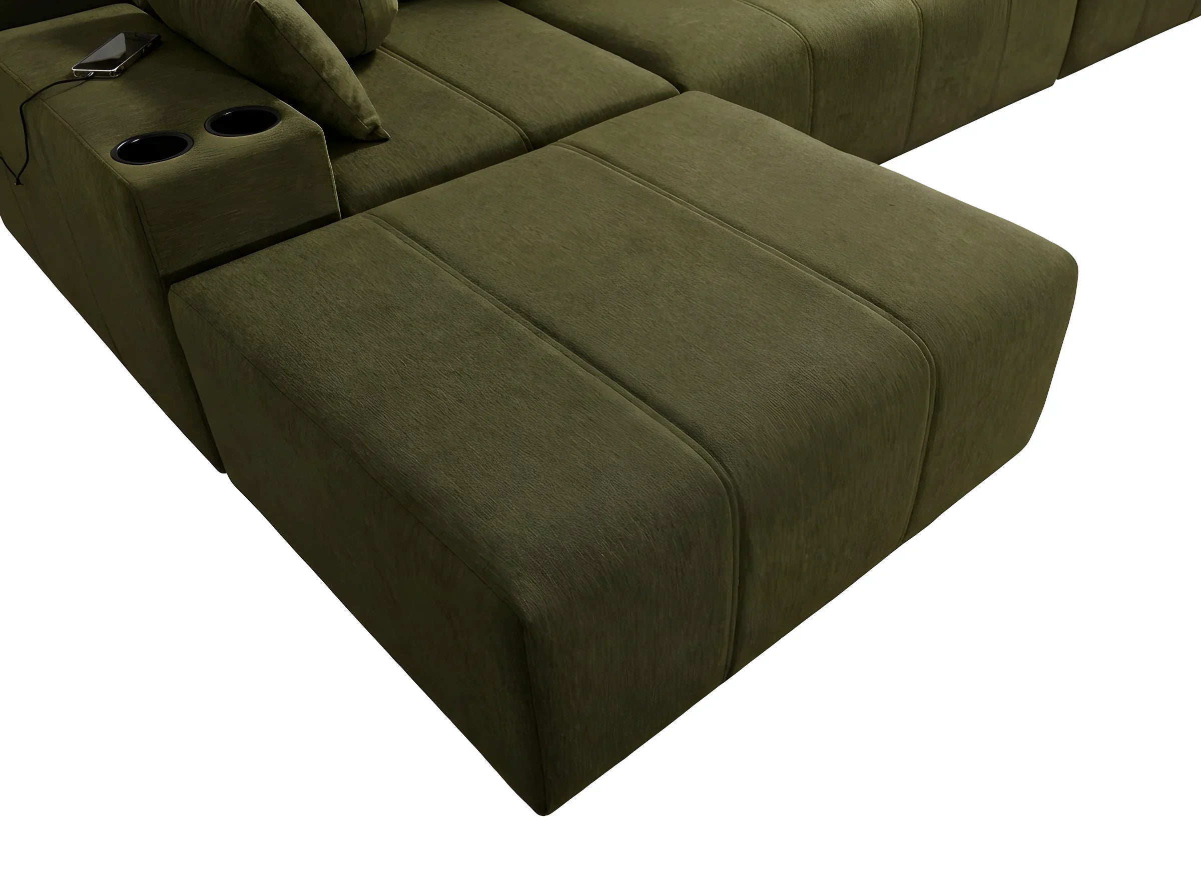 Canapé modulable vert olive en tissu avec accoudoirs, repose-pieds et portes-gobelets, pour salon moderne