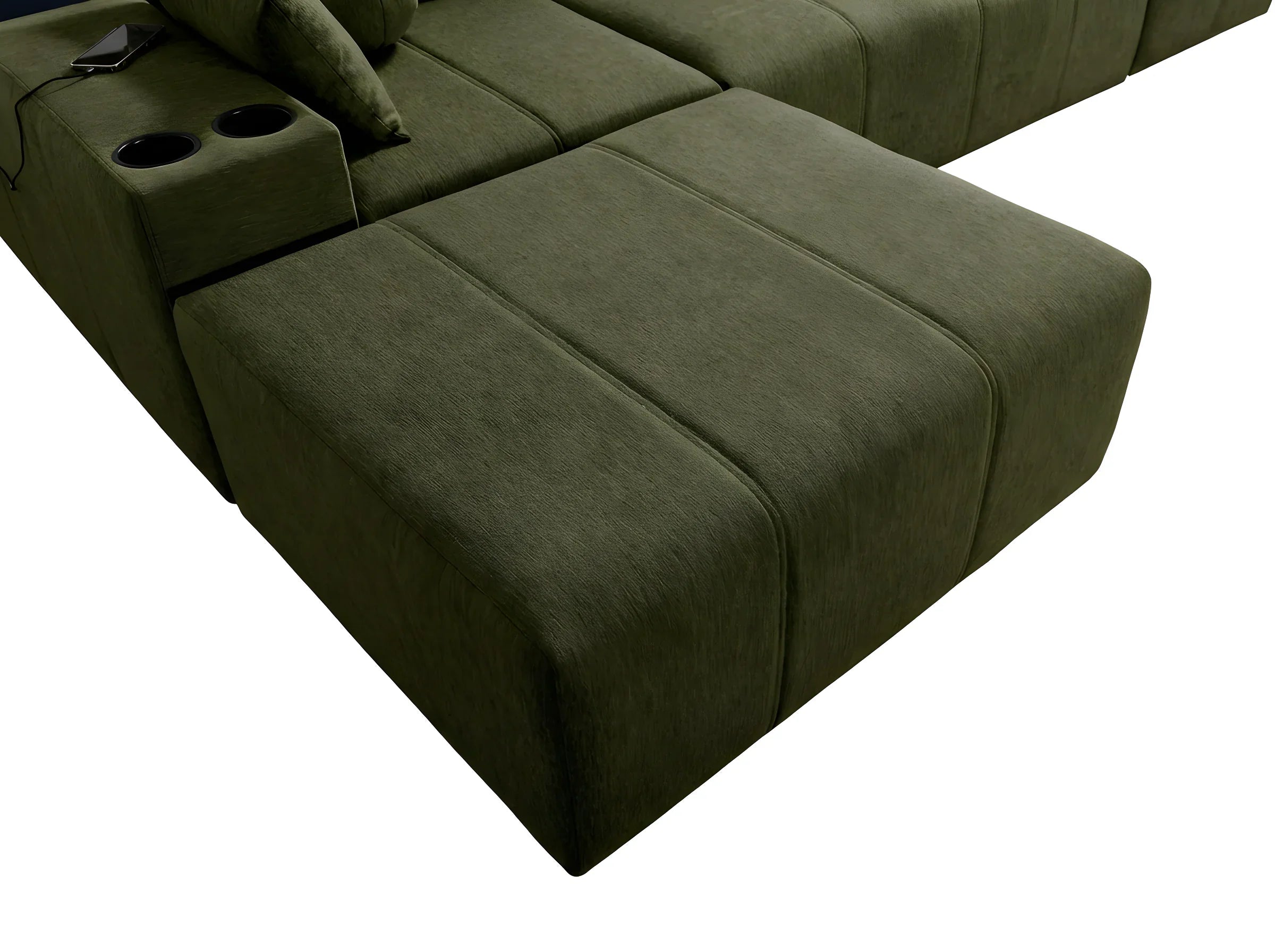 Canapé modulable vert olive en tissu avec repose-pieds. Design moderne et confortable pour salon.