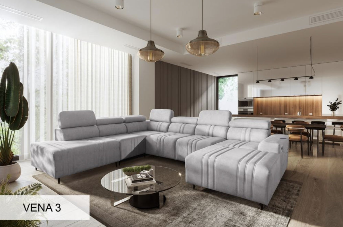 Canapé panoramique en U convertible MARCO X – tissu VENA 3 gris clair