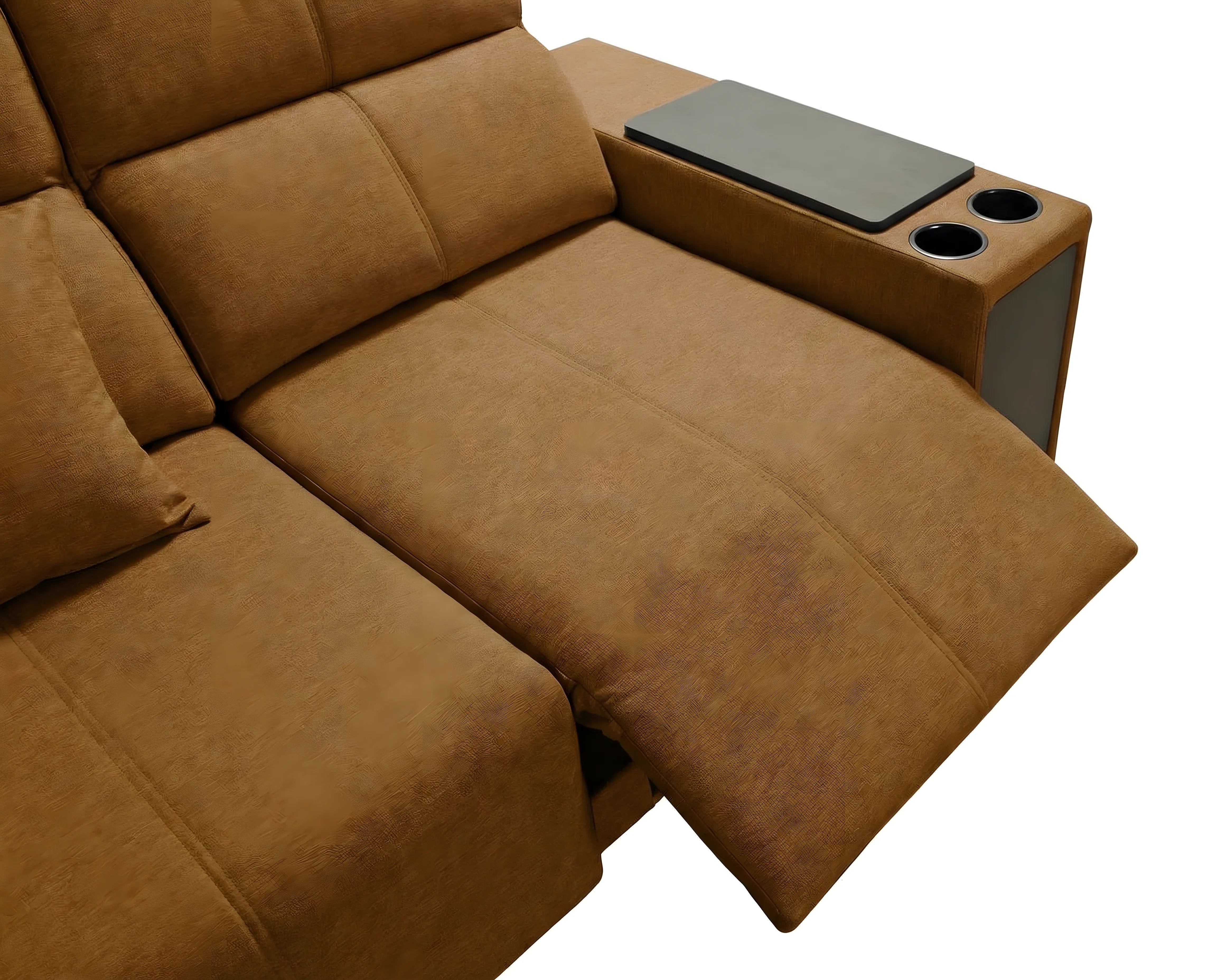 Canapé de cinéma marron en cuir avec accoudoir, porte-gobelets, design moderne et confort maximal