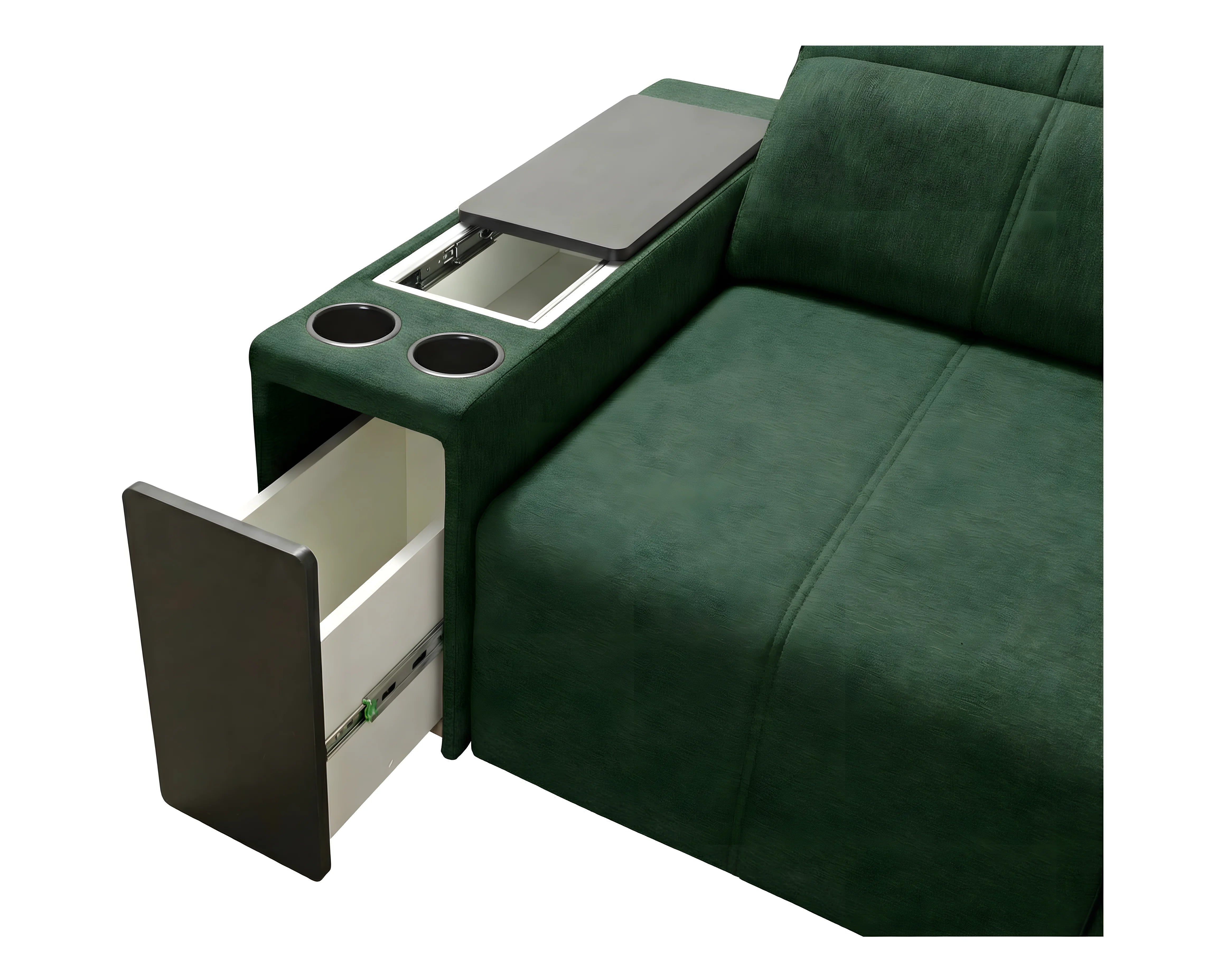 Canapé d'angle vert en tissu avec accoudoir intégrant table, porte-gobelets et tiroir ouvert, pour salon moderne