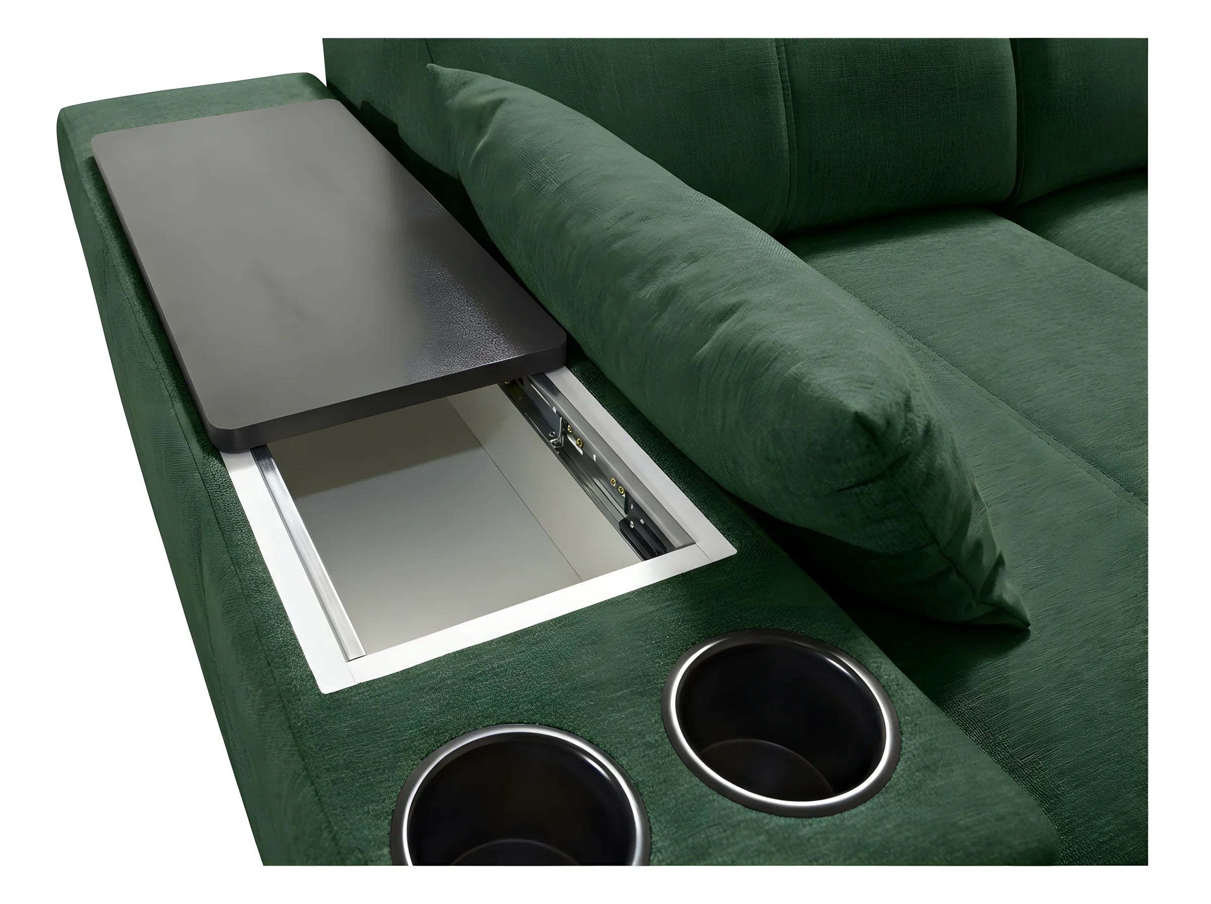 Canapé d'angle vert en tissu avec accoudoir, table coulissante intégrée et porte-gobelets en métal dans le salon
