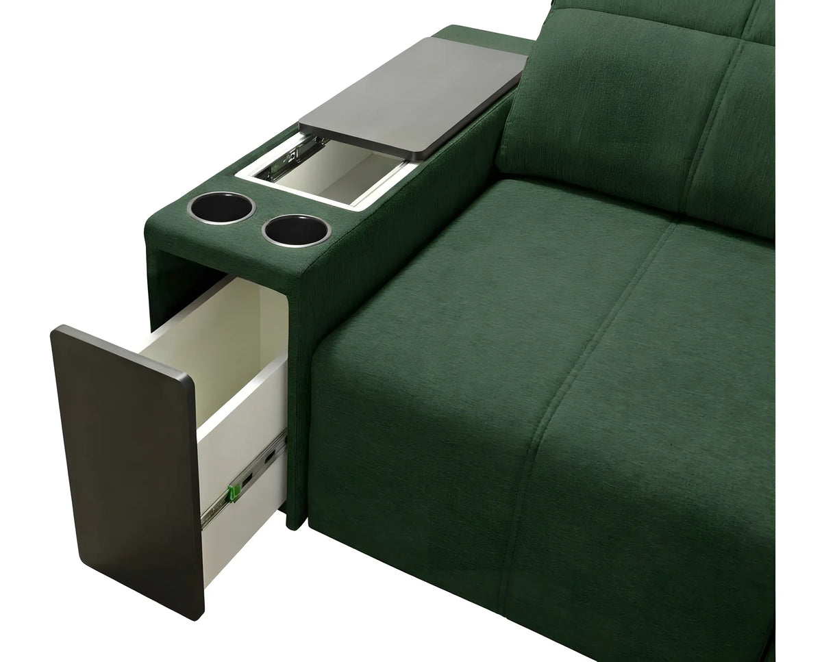 Canapé vert en tissu avec accoudoir, porte-gobelets, table et tiroir ouverts, détail de l'intérieur