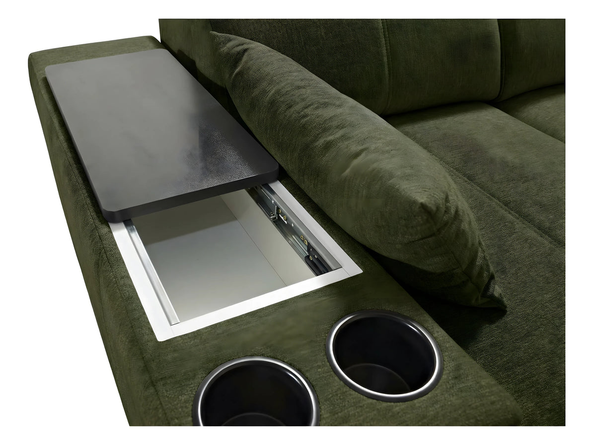 Canapé vert en tissu avec accoudoir, table intégrée relevable, deux porte-gobelets noirs, vue rapprochée
