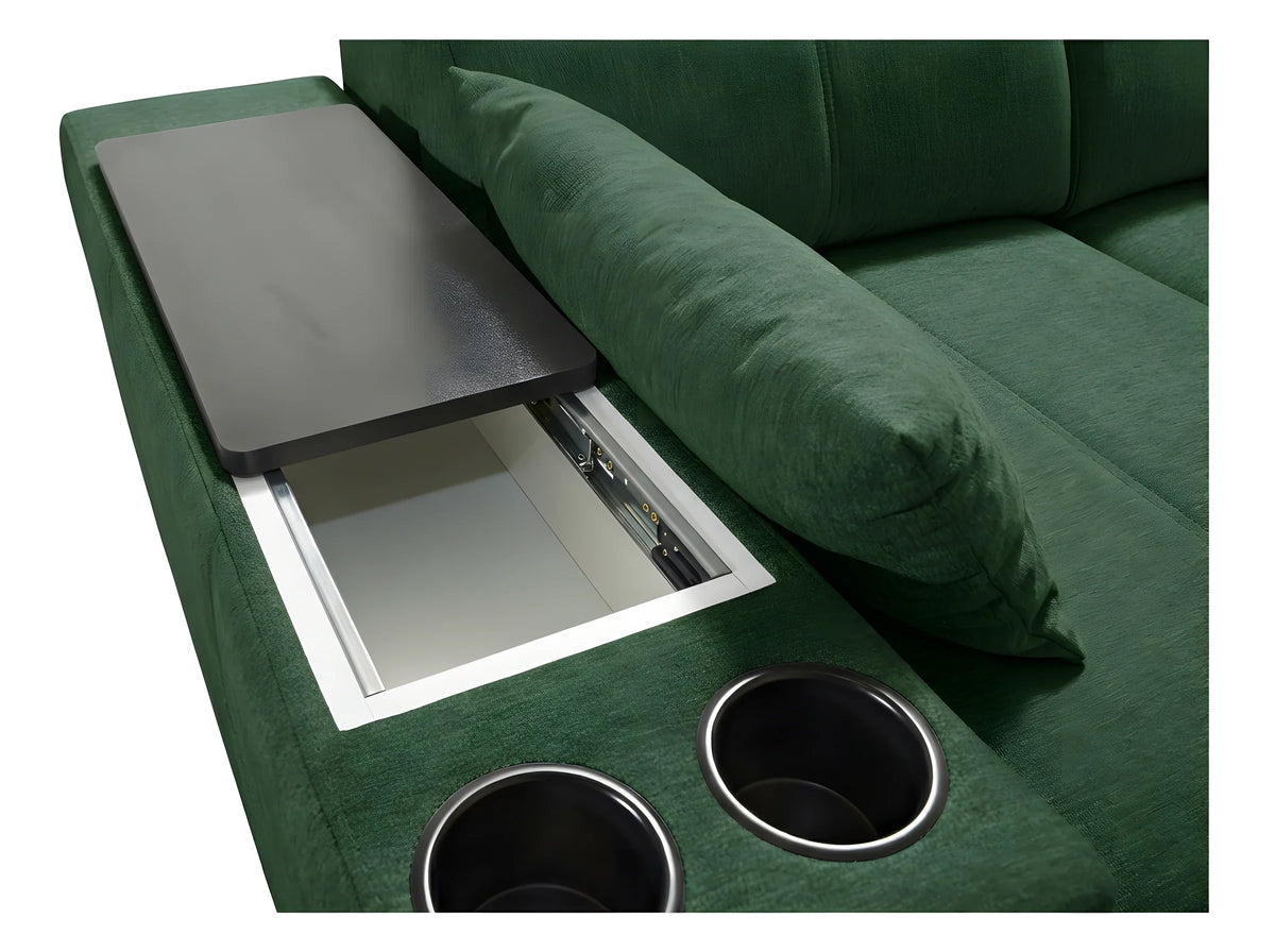 Canapé d'angle vert en tissu avec table d'appoint, coussin et deux porte-gobelets noirs intégrés