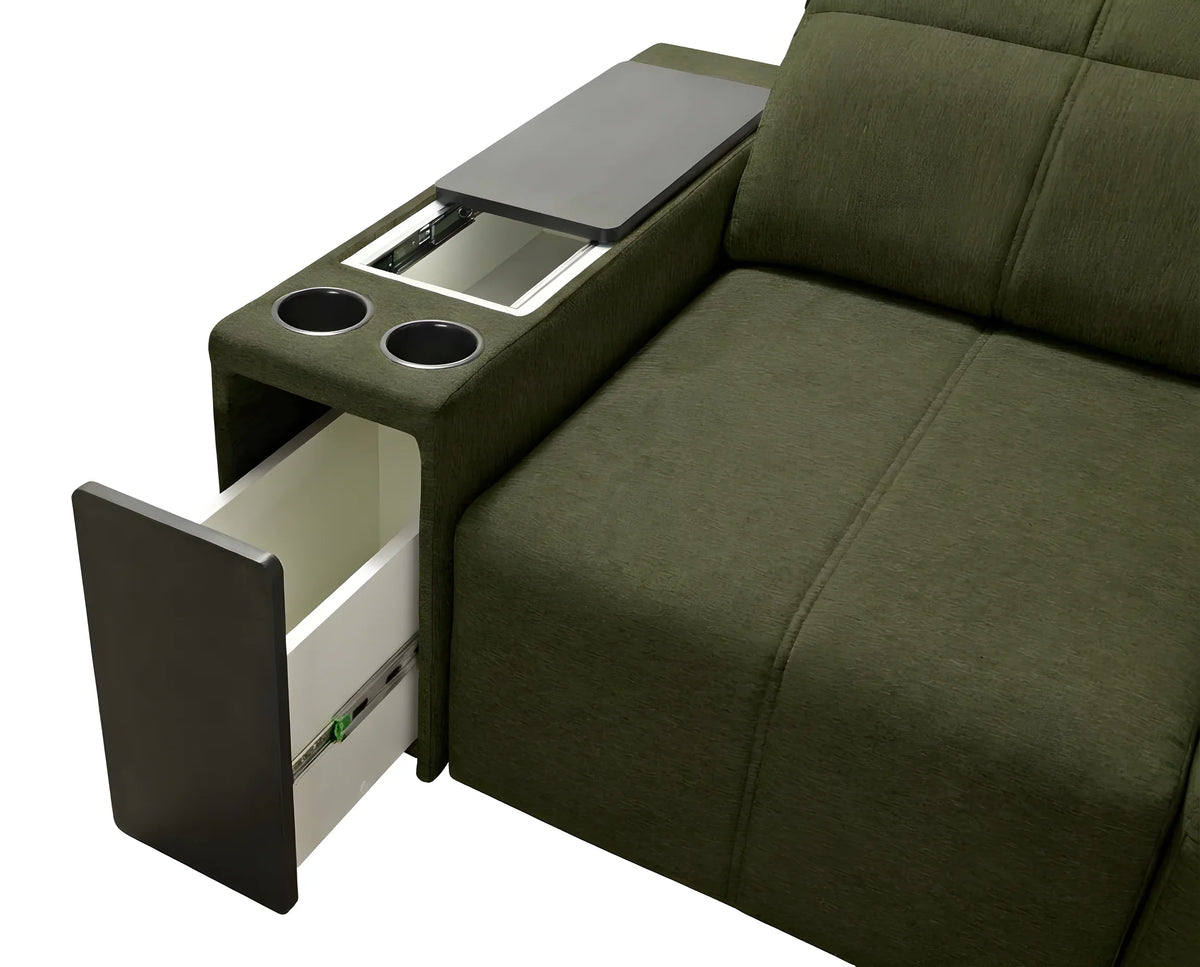 Canapé vert en tissu avec accoudoir intégrant table amovible, porte-gobelets et tiroir de rangement