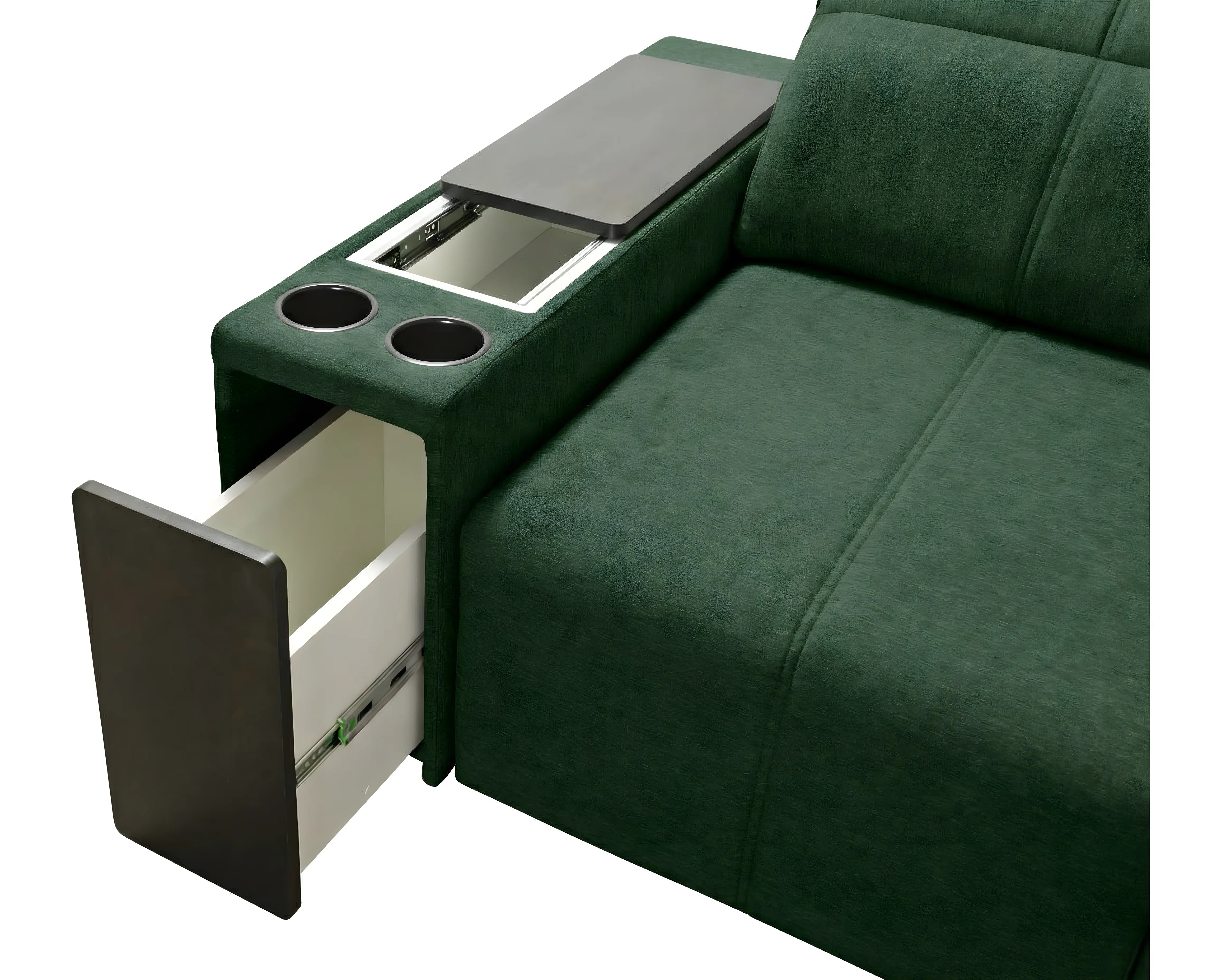 Canapé vert en tissu avec accoudoir intégrant table, deux porte-gobelets et tiroir ouvert, pour salon moderne