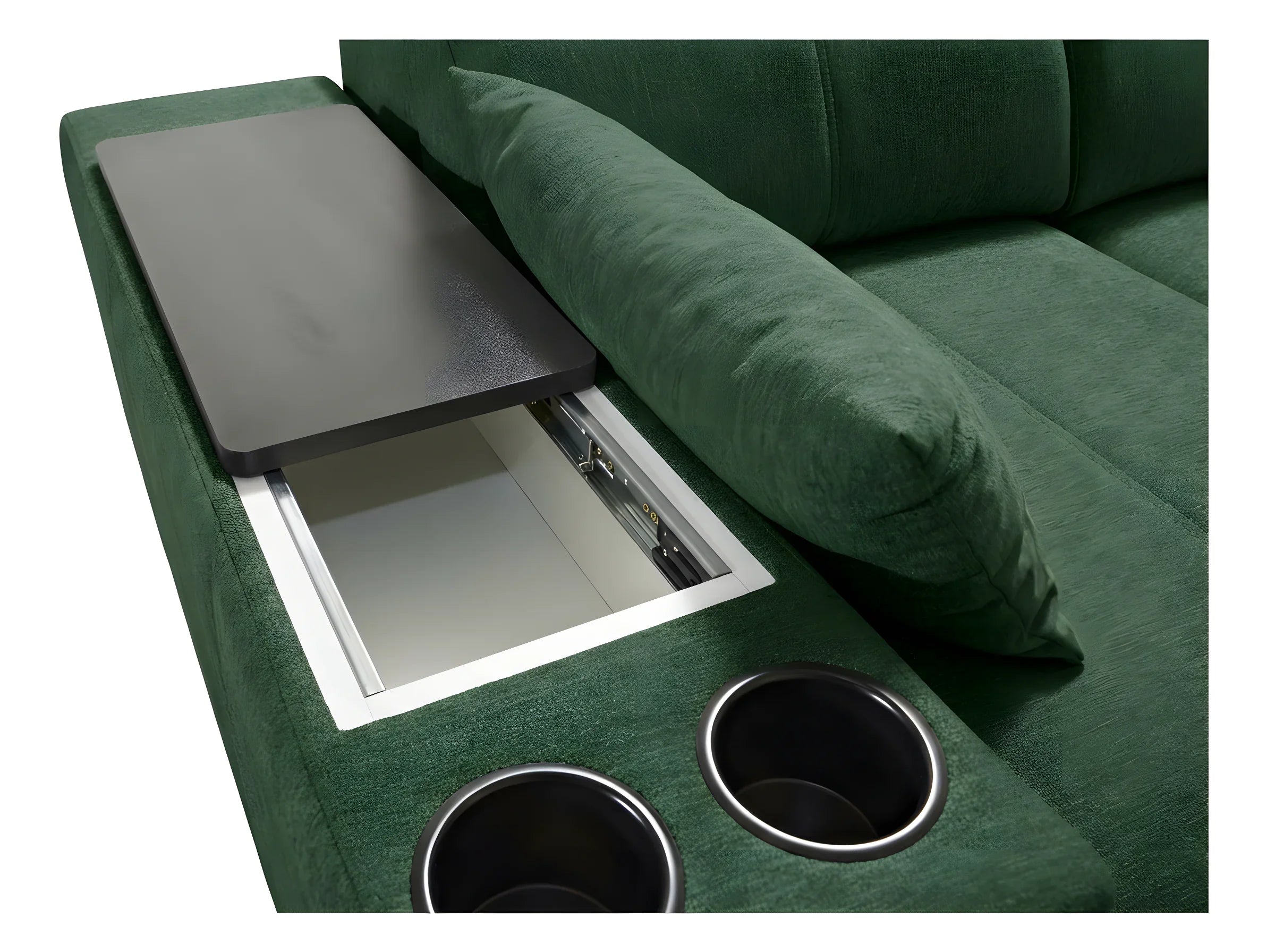 Canapé d'angle vert en tissu avec accoudoir, tablette noire relevable, deux porte-gobelets pour le salon