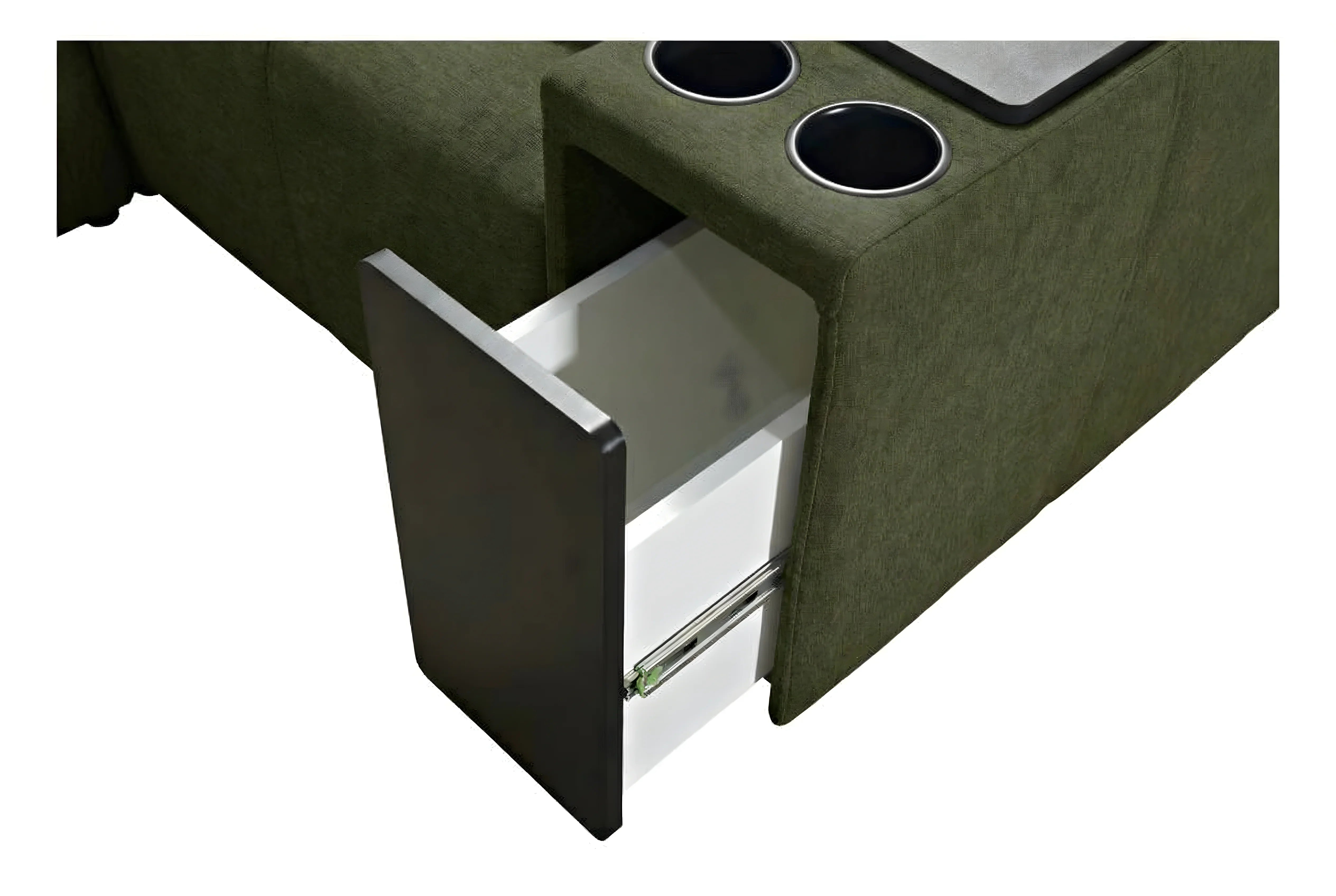 Canapé d'angle vert en tissu lin avec un tiroir ouvert, détails design moderne, parfait pour le salon