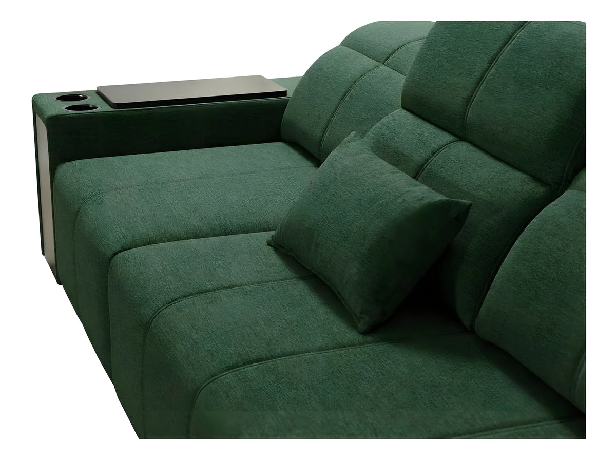 Canapé vert en tissu texturé avec coussin, accoudoir avec table, design moderne pour salon