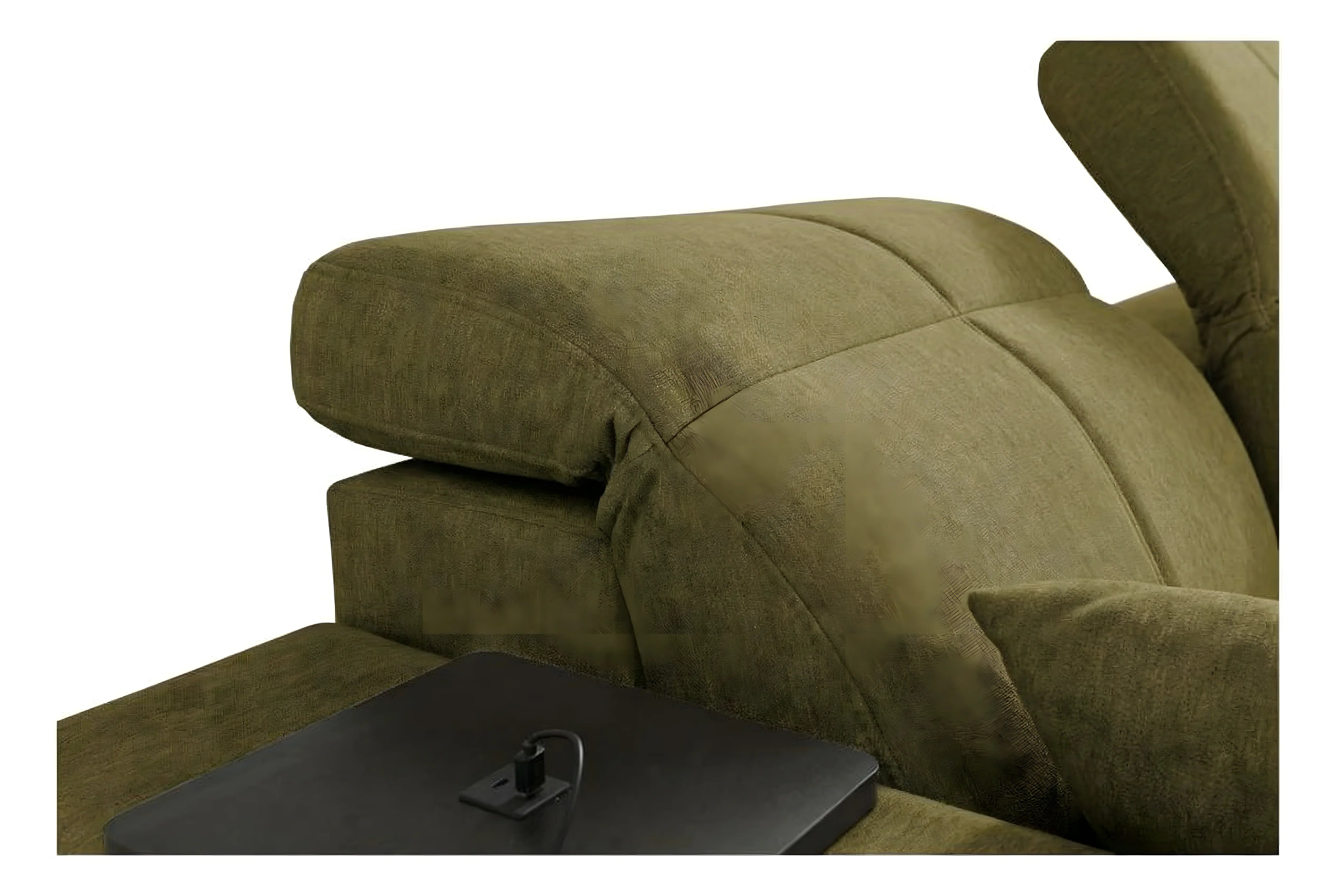 Canapé vert olive en tissu, design moderne avec coussin et accoudoir rembourrés, table noire intégrée