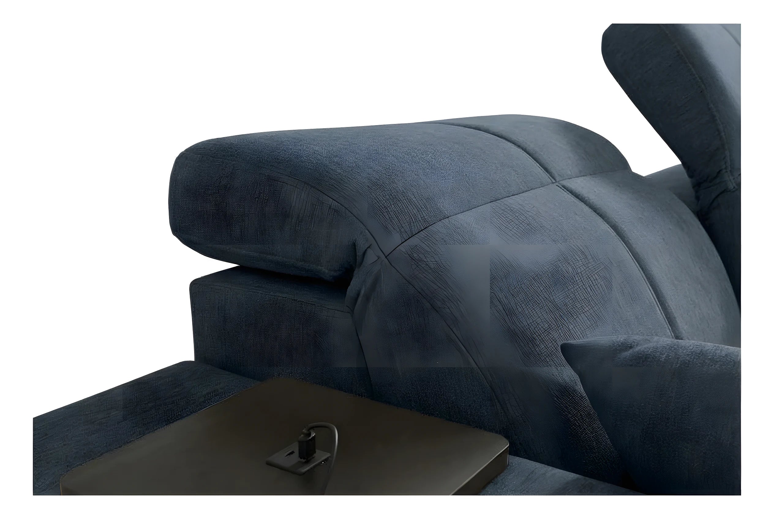 Gros plan sur un fauteuil relax bleu marine en tissu avec tablette noire intégrée pour salon ou bureau